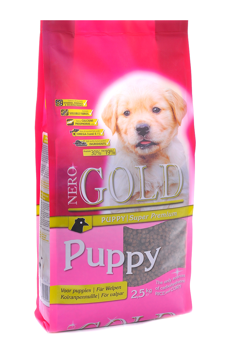 NERO GOLD super premium Для Щенков: Курица и рис (Puppy 30/19), 2,5 кг.10067 NERO GOLD super premium Для Щенков: Курица и рис (Puppy 30/19), 2,5 кг.10067Состав: дегидрированное мясо курицы, маис, рис, куриный жир, мякоть свеклы, льняное семя, дрожжи, кэроб, яичный порошок, гидролизированная куриная печень, минералы и витамины, гидролизованные хрящи (источник хондроитина), гидролизат ракообразных (источник глюкозамина), L-карнитин, лецитин, инулин (ФОС), таурин. Условия хранения: в прохладном темном месте.