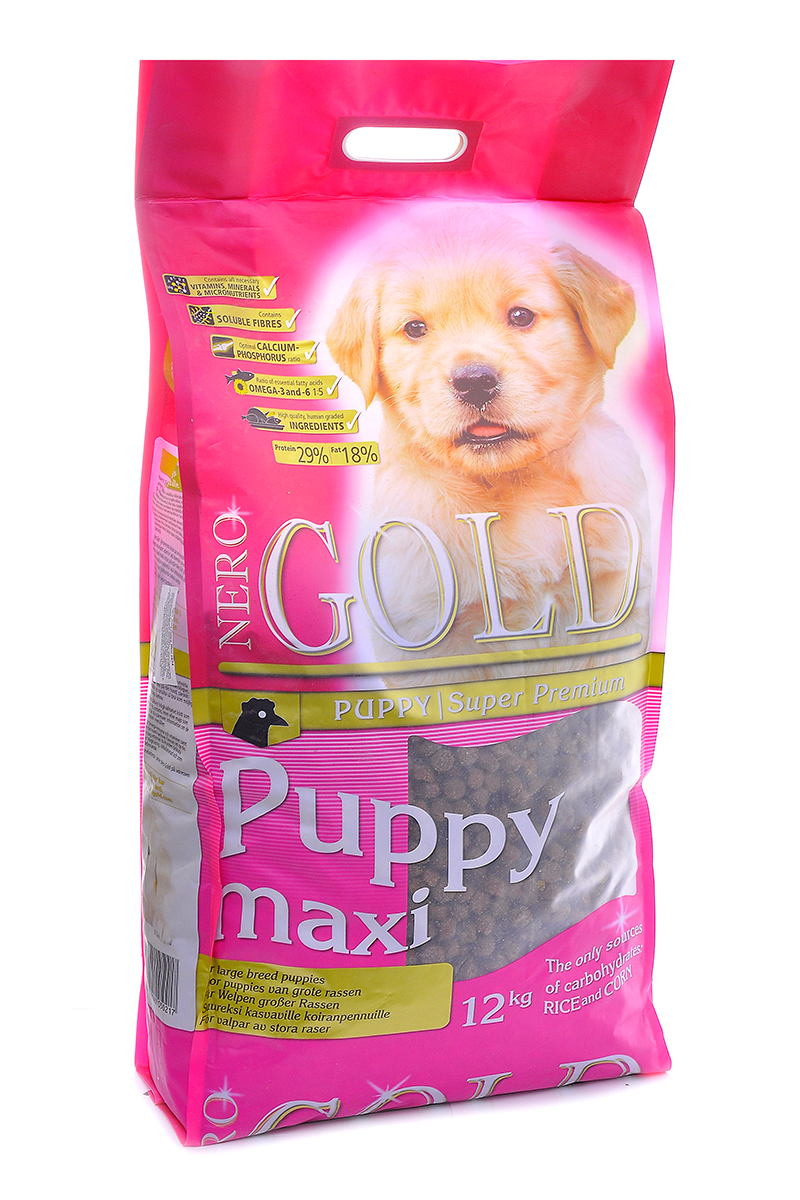 NERO GOLD super premium Для Щенков Крупных пород: Курица и рис (Puppy Maxi 29/18), 12 кг.10068 NERO GOLD super premium Для Щенков Крупных пород: Курица и рис (Puppy Maxi 29/18), 12 кг.10068Состав: дегидрированное куриное мясо, маис, рис, куриный жир, дегидрированная рыба, мякоть свеклы, кэроб, льняное семя, гидролизованная куриная печень, масло лосося, сыворотка, дрожжи, минералы и витамины, гидролизованные хрящи (источник хондроитина), гидролизат ракообразных (источник глюкозамина), L-карнитин, лецитин, инулин (ФОС), таурин. Условия хранения: в прохладном темном месте.