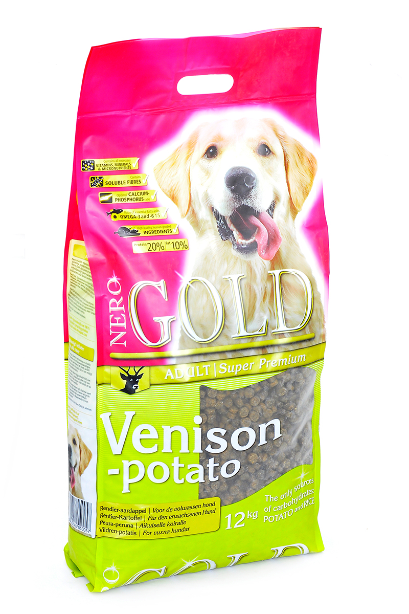 NERO GOLD super premium Для Взрослых собак c Олениной и сладким картофелем (Venison&Potato 20/10), 12 кг.10073 NERO GOLD super premium Для Взрослых собак c Олениной и сладким картофелем (Venison&Potato 20/10), 12 кг.10073Состав: дегидрированная оленина (мин. 21 %), рис, картофельная мука (мин. 20 %), мякоть свеклы, льняное семя, куриный жир, гидролизованная куриная печень, минералы и витамины, дрожжи, подсолнечное масло, гидролизованные хрящи (источник хондроитина), гидролизат ракообразных (источник глюкозамина), L-карнитин, лецитин, инулин (ФОС), таурин. Условия хранения: в прохладном темном месте.