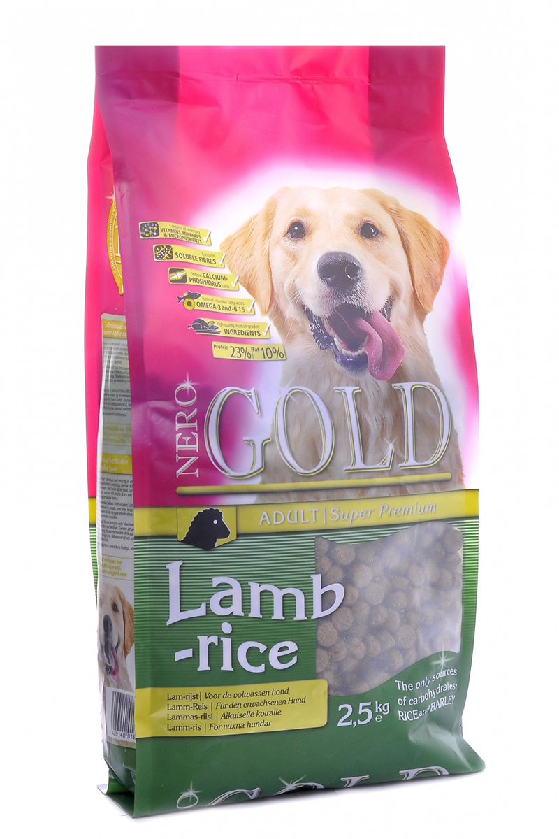 NERO GOLD super premium Для Взрослых собак с ягненком и рисом (Adult Lamb&Rice 23/10), 2,5 кг.10074 NERO GOLD super premium Для Взрослых собак с ягненком и рисом (Adult Lamb&Rice 23/10), 2,5 кг.10074Состав: дегидрированное мясо ягненка (мин. 20%), рис (мин. 14%), ячмень, дегидрированная рыба, мякоть свеклы, льняное семя, куриный жир, гидролизованная куриная печень, минералы и витамины, дрожжи, гидролизованные хрящи (источник хондроитина), гидролизат ракообразных (источник глюкозамина), L-карнитин, лецитин, инулин (ФОС), таурин. Условия хранения: в прохладном темном месте.