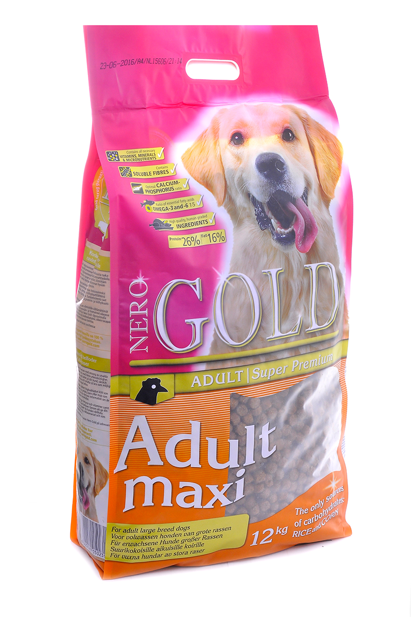 NERO GOLD super premium Для Взрослых собак Крупных пород (Adult Maxi 26/16), 12 кг.10079 NERO GOLD super premium Для Взрослых собак Крупных пород (Adult Maxi 26/16), 12 кг.10079Состав: дегидрированное мясо курицы, маис, рис, куриный жир, мякоть свеклы, дегидрированная рыба, льняное семя, гидролизованная куриная печень, масло лосося, дрожжи, кэроб, минеральные вещества и витамины, яичный порошок, гидролизованные хрящи (источник хондроитина), гидролизат ракообразных (источник глюкозамина), L-карнитин, лецитин, инулина (ФОС), таурин. Условия хранения: в прохладном темном месте.