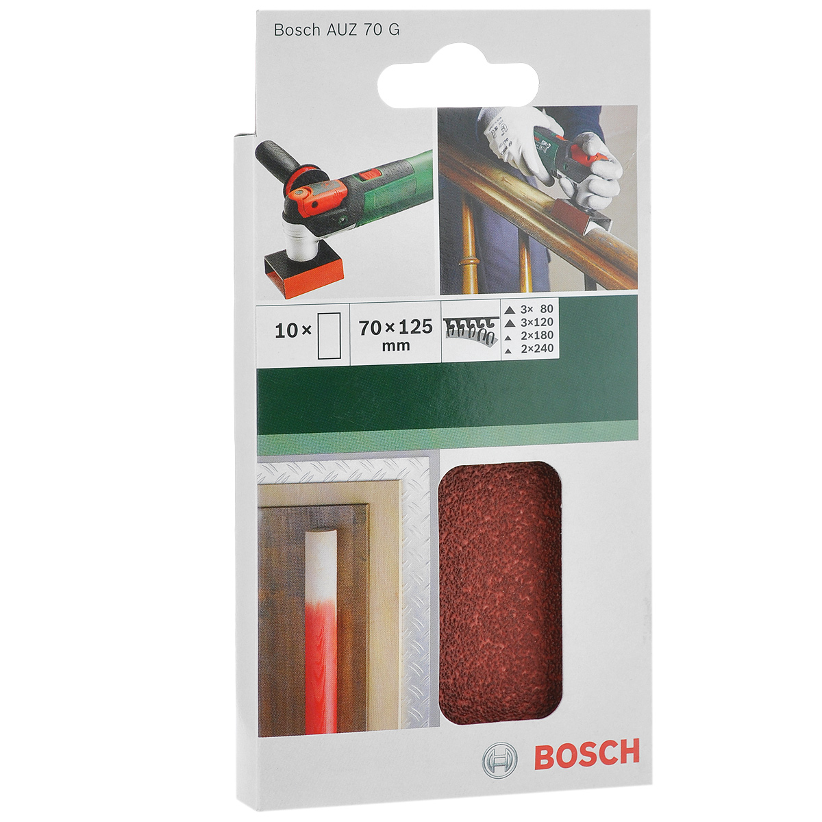 Лист шлифовальный Bosch AUZ 70 G, 70х125 мм, 10 шт2609256D33 Лист шлифовальный Bosch AUZ 70 G, 70х125 мм, 10 шт2609256D33Шлифовальный лист Bosch предназначен для эксцентриковых шлифовальных машин. Крепится при помощи липучки и подходит для работ по дереву. Перфорация позволяет отводить шлифовальную пыль из рабочей зоны. В упаковке 10 штук.