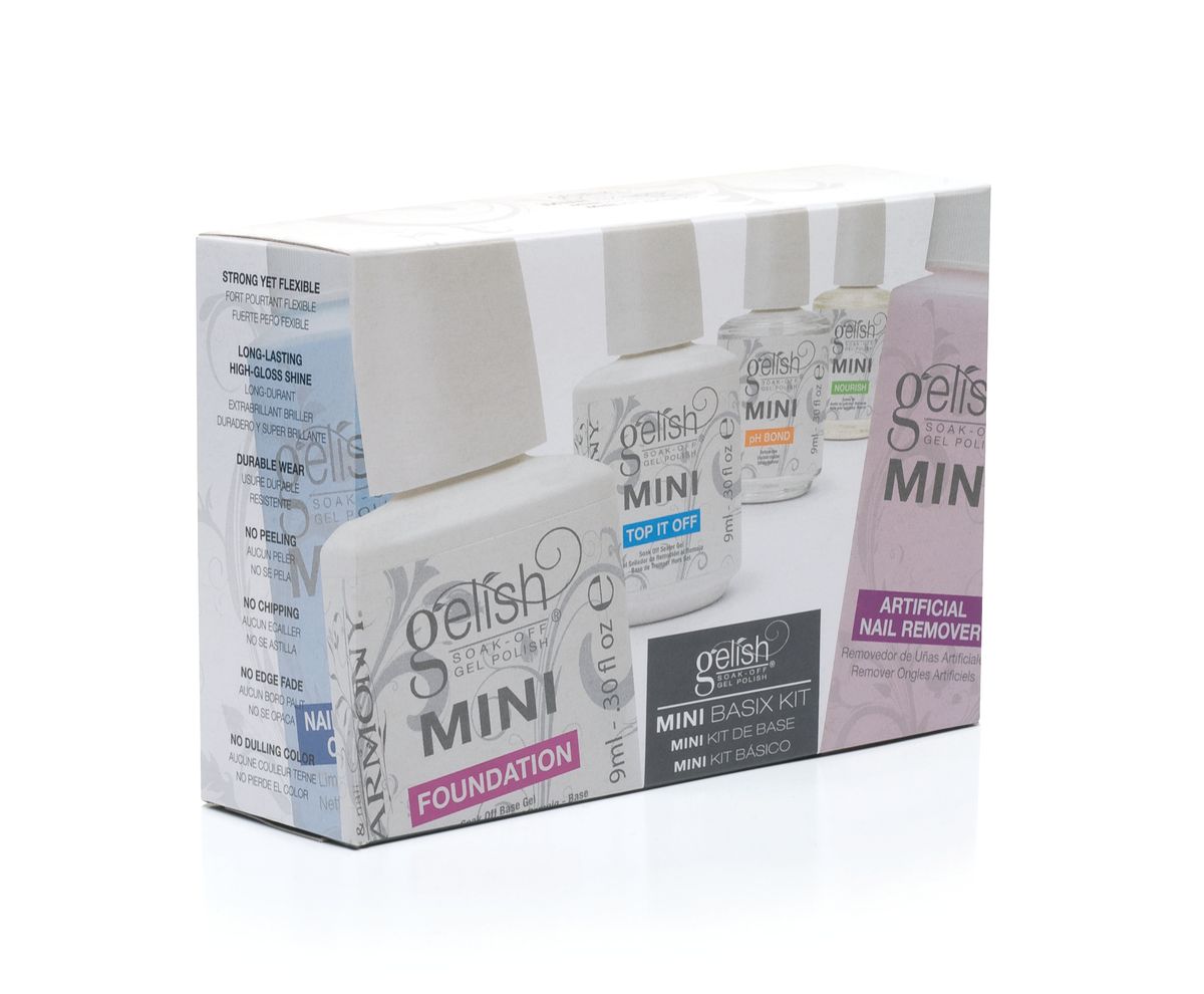 Gelish Mini Стартовый набор для моделирования гель-лаком, 1 шт.04100 Gelish Mini Стартовый набор для моделирования гель-лаком, 1 шт.04100Стартовый мини-набор для работы с трехфазной системой Gelish. Содержимое набора: бондер pH Bond 9 мл, базовое покрытие Foundation 9 мл, верхнее покрытие Top It Off 9 мл, масло для ногтей и кутикулы Nourish 9 мл, жидкость для снятия липкого слоя Cleanser 60 мл, жидкость для удаления гель-лака Remover 60 мл