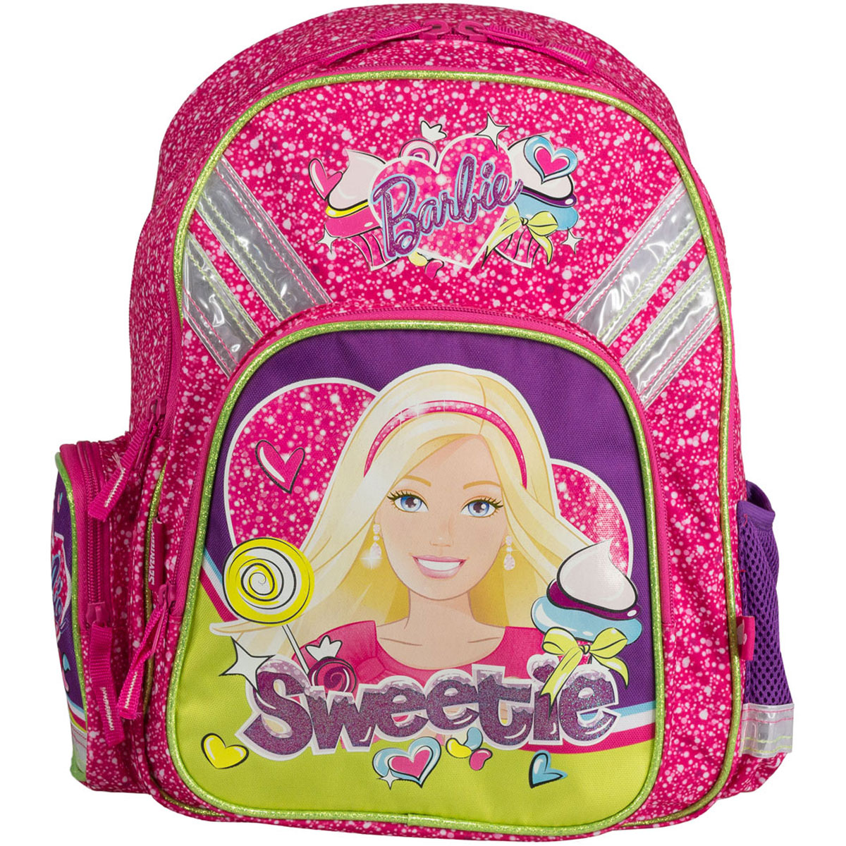 Набор школьницы Barbie. BRCS-UT1-51BOXBRCS-UT1-51BOX Набор школьницы Barbie. BRCS-UT1-51BOXBRCS-UT1-51BOXВашему вниманию предлагается все самое необходимое для школьника в одном наборе. В состав набора входит рюкзак, пенал, фартук, сумка-рюкзак для обуви и кошелек, выполненные в одном стиле. Школьный ранец выполнен из износоустойчивых материалов с водонепроницаемой основой, декорирован аппликацией и рисунками в тематике куклы Барби. Ранец имеет два основных отделения, закрывающиеся на молнию. Внутри главного отделения расположены два разделителя, для тетрадей и учебников. На лицевой стороне ранца расположен накладной карман на молнии. По бокам ранца размещены два дополнительных накладных кармана, один открытый на резинке и один на застежке-молнии. Ортопедическая спинка, созданная по специальной технологии из дышащего материала, равномерно распределяет нагрузку на плечевые суставы и спину. Удлиненные держатели облегчают фиксацию длины ремней с мягкими подкладками. Ранец оснащен удобной ручкой для переноски и двумя широкими лямками, регулируемой длины. Пенал...