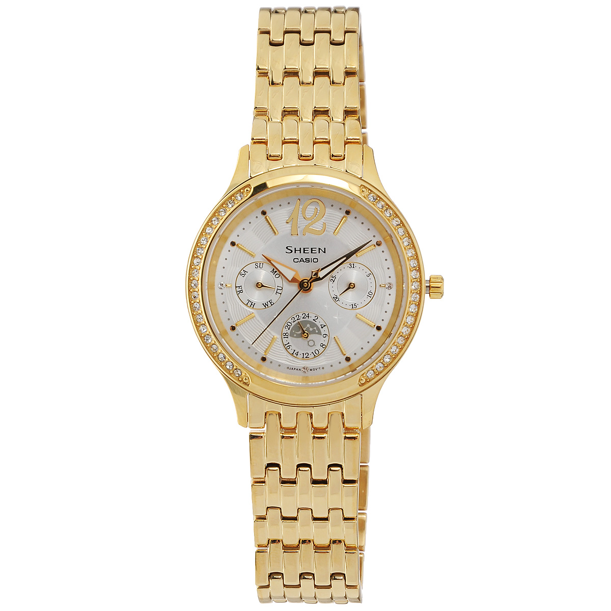 Часы женские наручные Casio Sheen, цвет: золотистый, белый. SHE-3030GD-7ASHE-3030GD-7A Часы женские наручные Casio Sheen, цвет: золотистый, белый. SHE-3030GD-7ASHE-3030GD-7AСтильные многофункциональные часы Sheen от японского брэнда Casio - это яркий функциональный аксессуар для современных людей, которые стремятся выделиться из толпы и подчеркнуть свою индивидуальность. Часы оформлены кристаллами Swarowski, а минеральное стекло, прочный корпус из нержавеющей стали, складная застежка с тройным сгибом, расстегиваемая одним касанием, браслет из прочной нержавеющей стали не оставят вас равнодушной. Часы оснащены японским кварцевым механизмом. Они водонепроницаемы при давлении 5 атмосфер. Часы упакованы в фирменную коробку с логотипом Casio. Такой аксессуар добавит вашему образу стиля и подчеркнет безупречный вкус своего владельца.
