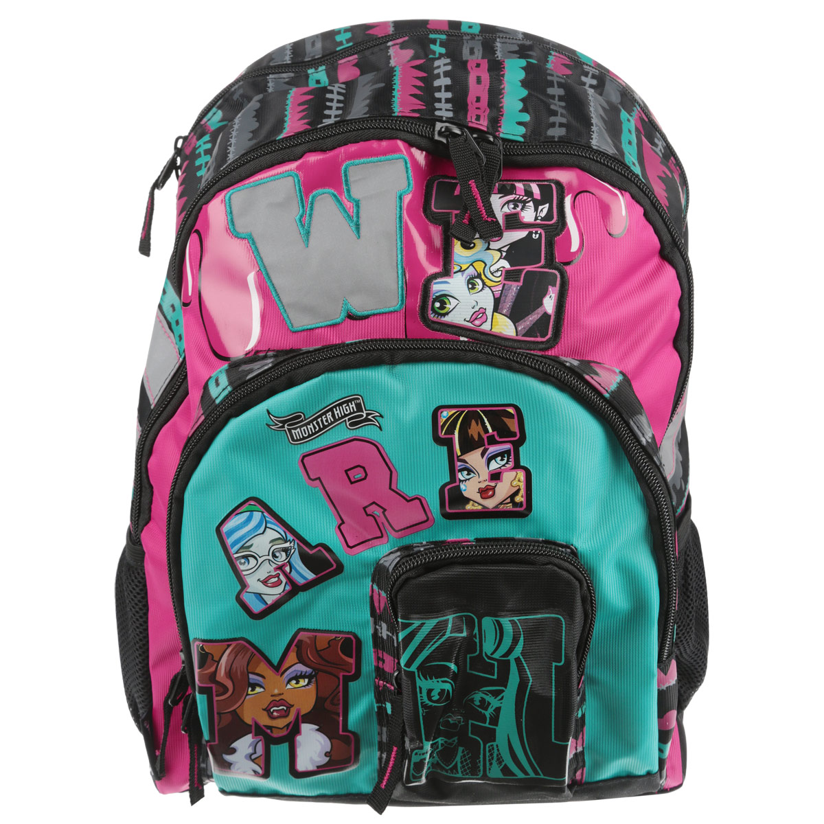 Рюкзак школьный Monster High, цвет: черный, розовый, бирюзовый. MHCB-MT1-767MHCB-MT1-767 Рюкзак школьный Monster High, цвет: черный, розовый, бирюзовый. MHCB-MT1-767MHCB-MT1-767Яркий стильный школьный рюкзак Monster High понравится каждой девочке-поклоннице мультсериала Школа монстров. Выполнен из прочных и высококачественных материалов, дополнен изображением учениц Monster High. Содержит два вместительных отделения, закрывающиеся на застежки-молнии. В большом отделении находятся две перегородки для тетрадей или учебников. Дно рюкзака можно сделать жестким, разложив специальную панель с пластиковой вставкой, что повышает сохранность содержимого рюкзака и способствует правильному распределению нагрузки. Лицевая сторона оснащена двумя накладными карманами на молнии, один из которых для мобильного телефона. По бокам расположены два открытых накладных кармана, стянутых сверху резинкой. Специально разработанная архитектура спинки со стабилизирующими набивными элементами повторяет естественный изгиб позвоночника. Набивные элементы обеспечивают вентиляцию спины ребенка. Мягкие широкие лямки позволяют легко и быстро отрегулировать рюкзак в...