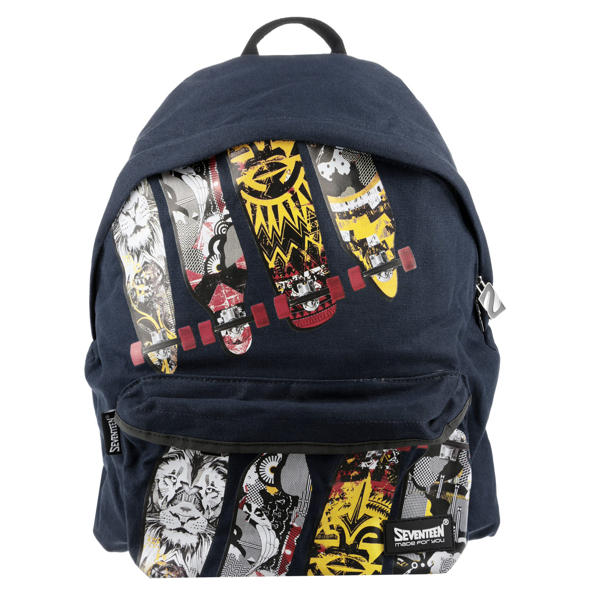 Рюкзак подростковый Kinderline Seventeen, цвет: черный. SVCB-RT5-502SVCB-RT5-502 Рюкзак подростковый Kinderline Seventeen, цвет: черный. SVCB-RT5-502SVCB-RT5-502Рюкзак подростковый Kinderline Seventeen выполнен из износоустойчивых материалов и декорирован оригинальными аппликациями. Рюкзак имеет одно вместительное основное отделение, закрывающееся на молнию. Внутри отделения один пришивной кармашек на молнии для мелочи. На лицевой стороне изделие дополнено вместительным накладным карманом на застежке-молнии. Рюкзак оснащен удобной ручкой для переноски и двумя широкими лямками, регулируемой длины. Спинка уплотнена, что позволяет снизить нагрузку на позвоночник.