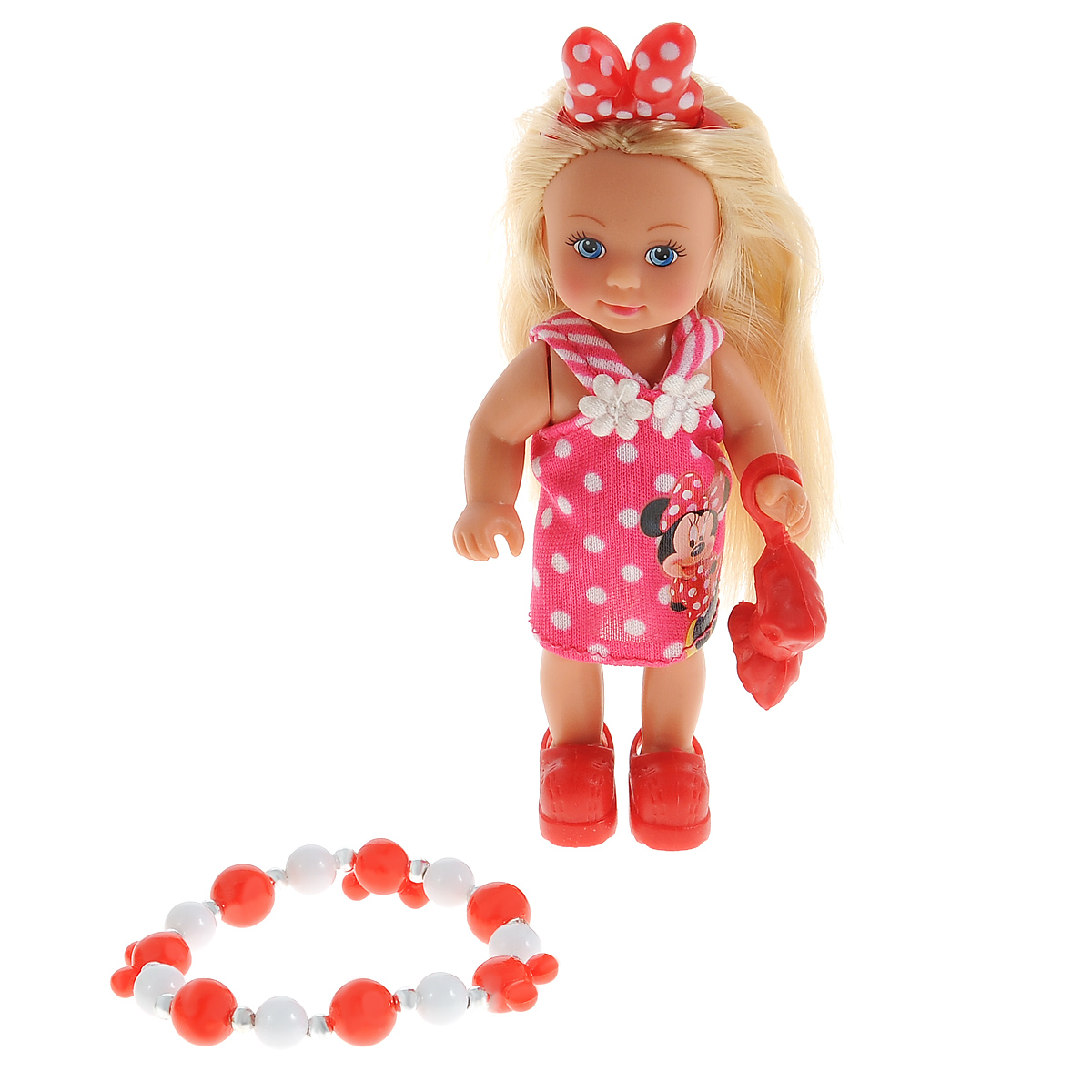 Simba Мини-кукла Еви Minnie Mouse цвет розовый5747701 Simba Мини-кукла Еви Minnie Mouse цвет розовый5747701Кукла Simba Еви: Minnie Mouse порадует любую девочку и надолго увлечет ее. В комплект входит кукла и стильный браслет для самой девочки. Наряд куклы оформлен в стиле знаменитой героини Диснея Минни Маус. Малышка Еви одета в стильное платье, украшенное принтом в горошек и дополненное изображением Минни Маус, на голове у куклы - оригинальный бант. Вашей дочурке непременно понравится заплетать длинные белокурые волосы куклы, придумывая разнообразные прически. В комплект входит сумочка-клатч для куклы, выполненная в виде банта. Руки, ноги и голова куклы подвижны, благодаря чему ей можно придавать разнообразные позы. Игры с куклой способствуют эмоциональному развитию, помогают формировать воображение и художественный вкус, а также разовьют в вашей малышке чувство ответственности и заботы. Великолепное качество исполнения делают эту куколку чудесным подарком к любому празднику.