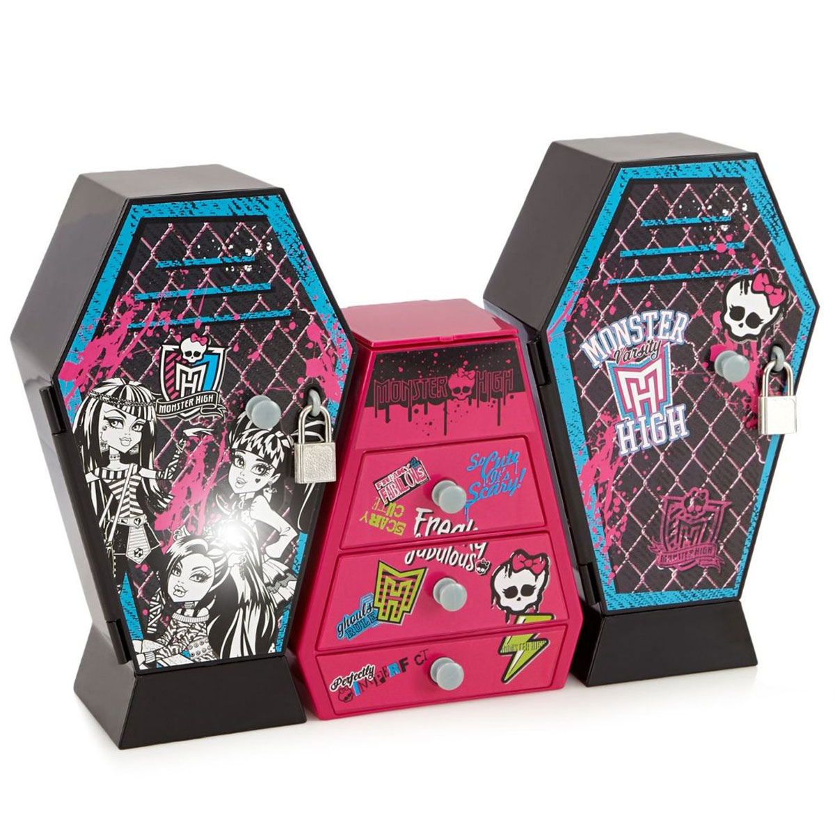 Игровой набор Monster High Музыкальный шкаф с ключом, цвет: черный, розовый870352_шкафы черные Игровой набор Monster High Музыкальный шкаф с ключом, цвет: черный, розовый870352_шкафы черныеМузыкальный шкаф с ключом из серии Monster High с аксессуарами - великолепная новинка для всех любительниц знаменитых фэшн-кукол. Шкаф выполнен из трех секций, в которые девочка сможет положить свои любимые аксессуары и бижутерию. Центральная часть в виде комода с 3-мя ящичками и зеркалом позволит хранить колечки, сережки и любимые заколочки. Шкатулка и шкафчики закрываются на ключик, так что никто не узнает всех секретов вашей малышки. Но и это еще не все! Шкафчик имеет музыкальное сопровождение и позволяет проигрывать любимую классическую мелодию из мультфильма Школа Монстров. Все детали изготовлены из высококачественного нетоксичного материала. В комплекте: шкаф, наклейки, аксессуары.
