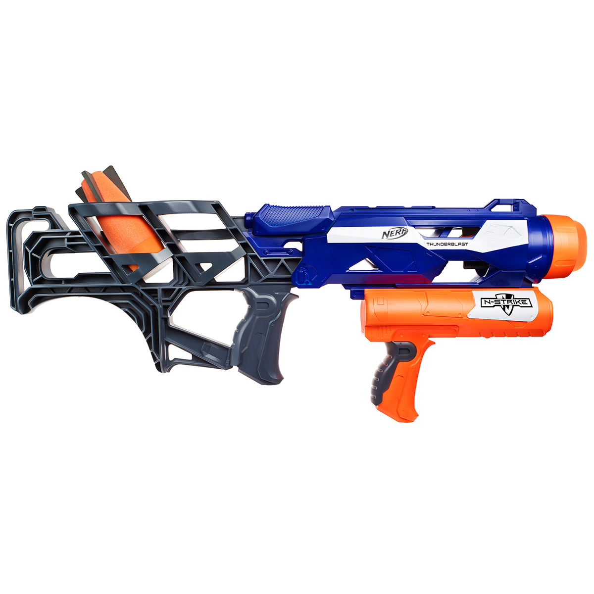 Бластер Nerf Ракетница, цвет: синий, оранжевыйA9604EU4 Бластер Nerf Ракетница, цвет: синий, оранжевыйA9604EU4Бластер Nerf «Ракетница» - это мощнейшее оружие, которое даст своему владельцу однозначное преимущество в игре! Оружие стреляет не обычными патронами, а особой формы, утолщенными ракетами. Поэтому бластер и называется «ракетницей». При этом игрушечное оружие имеет удобный корпус эргономичной формы. Его комфортно держать во время стрельбы и перемещения, бластер достаточно легкий и не слишком громоздкий. Игра с «Ракетницей» диктует совершенно иной стиль и другую стратегию стрельбы. Если вы уже хорошо владеете обычными бластерами, то Thunderblast сможет открыть для вас совершенно новые горизонты. В комплекте помимо бластера есть два снаряда-ракеты. Дальность стрельбы: до 18 м.