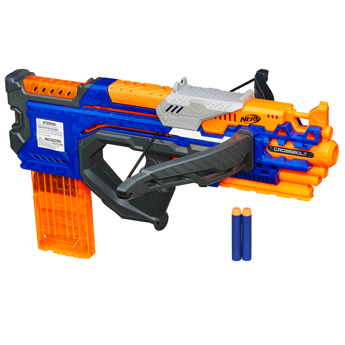 Бластер Nerf КроссБолт, цвет: оранжевый, синийA9317EU4 Бластер Nerf КроссБолт, цвет: оранжевый, синийA9317EU4Бластер Nerf КроссБолтот американского бренда Hasbro является отличным оружием для детских игр в войнушку! Любой мальчишка, любящий активные игры, по достоинству оценит этот игрушечный бластер! Его конструкция имеет миниатюрный лук с упругой тетивой, что позволяет ему стрелять дальше, чем обычные бластеры - на расстояние до 27 метров. Также бластер Nerf имеет обойму, которая позволит сделать 12 выстрелов, не заботясь о перезарядке. В комплекте с бластером Nerf КроссБолт вы найдете целых 12 патронов, которые можно зарядить в обойму! Яркая окраска миниатюрных стрел позволит без труда найти их после игры в траве или снегу. Заряды выполнены из мягкого материала, которые не могут травмировать ребенка при прямом попадании.