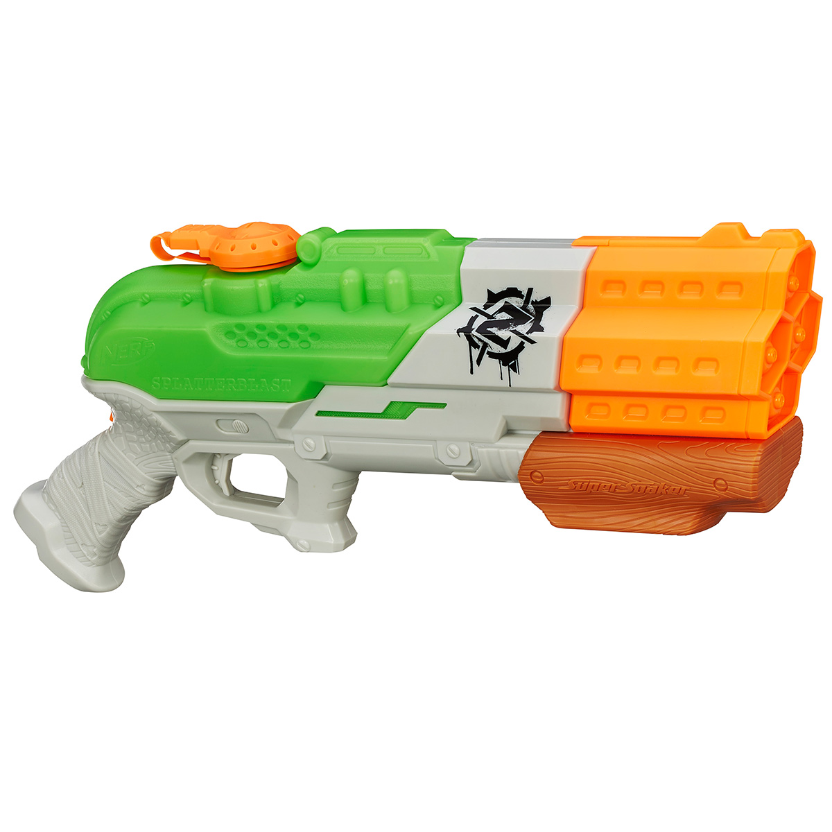 Водяной бластер Nerf Супер Сокер Зомби Страйк, цвет: зеленый, оранжевыйA9463EU4 Водяной бластер Nerf Супер Сокер Зомби Страйк, цвет: зеленый, оранжевыйA9463EU4Водяной бластер Nerf Супер Сокер Зомби Страйк создан специально для охоты на зомби и оснащен яркой подсветкой, ведь все прекрасно знают, что ходячие мертвецы предпочитают нападать в темное время суток. Дальность стрельбы – целых 9 метров, поэтому противнику будет не так просто от вас убежать. Запастись жидкостью для выстрелов вы сможете надолго, так как в бластер помещается целый литр воды! Такая предусмотрительность производителя сыграет вам на руку во время оборонительных действий. Помните, что зомби идут на звук, сбиваются в группы и мастерски умеют окружать жертву, отрезая ей все пути для отхода. Чтобы поразить восставшего мертвеца, лучше целиться в голову, при этом не забывая, что под «маской» зомби скрывается кто-то из ваших друзей, а значит, в глаза стрелять все же не стоит. Необходимо докупить 4 батарейки напряжением 1,5V типа ААА (не входят в комплект).