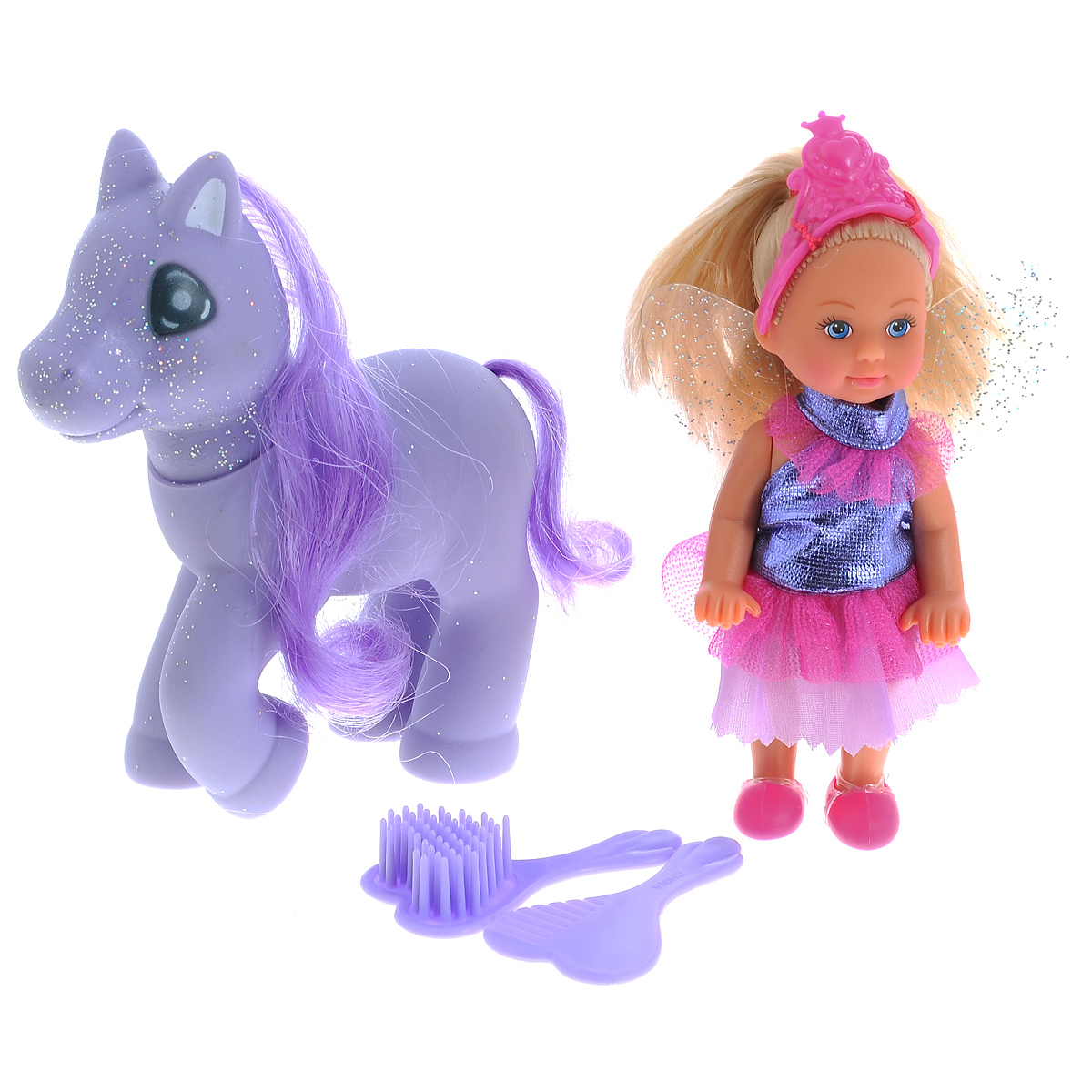 Simba Мини-кукла Еви Little Fairy & Pony5738667 Simba Мини-кукла Еви Little Fairy & Pony5738667Игровой набор Simba Little Fairy & Pony порадует любую девочку и надолго увлечет ее. Малышка Еви одета в длинное сиреневое платье, на голове у нее - розовая тиара, а за спиной - прозрачные крылышки феи. Вашей дочурке непременно понравится заплетать длинные белокурые волосы куклы, придумывая разнообразные прически. В комплект входит фигурка сказочной пони, а также 2 расчески. Длинную мягкую гриву пони можно расчесывать и заплетать. Руки, ноги и голова куклы подвижны, благодаря чему ей можно придавать разнообразные позы. Игры с куклой способствуют эмоциональному развитию, помогают формировать воображение и художественный вкус, а также разовьют в вашей малышке чувство ответственности и заботы. Великолепное качество исполнения делают эту куколку чудесным подарком к любому празднику.