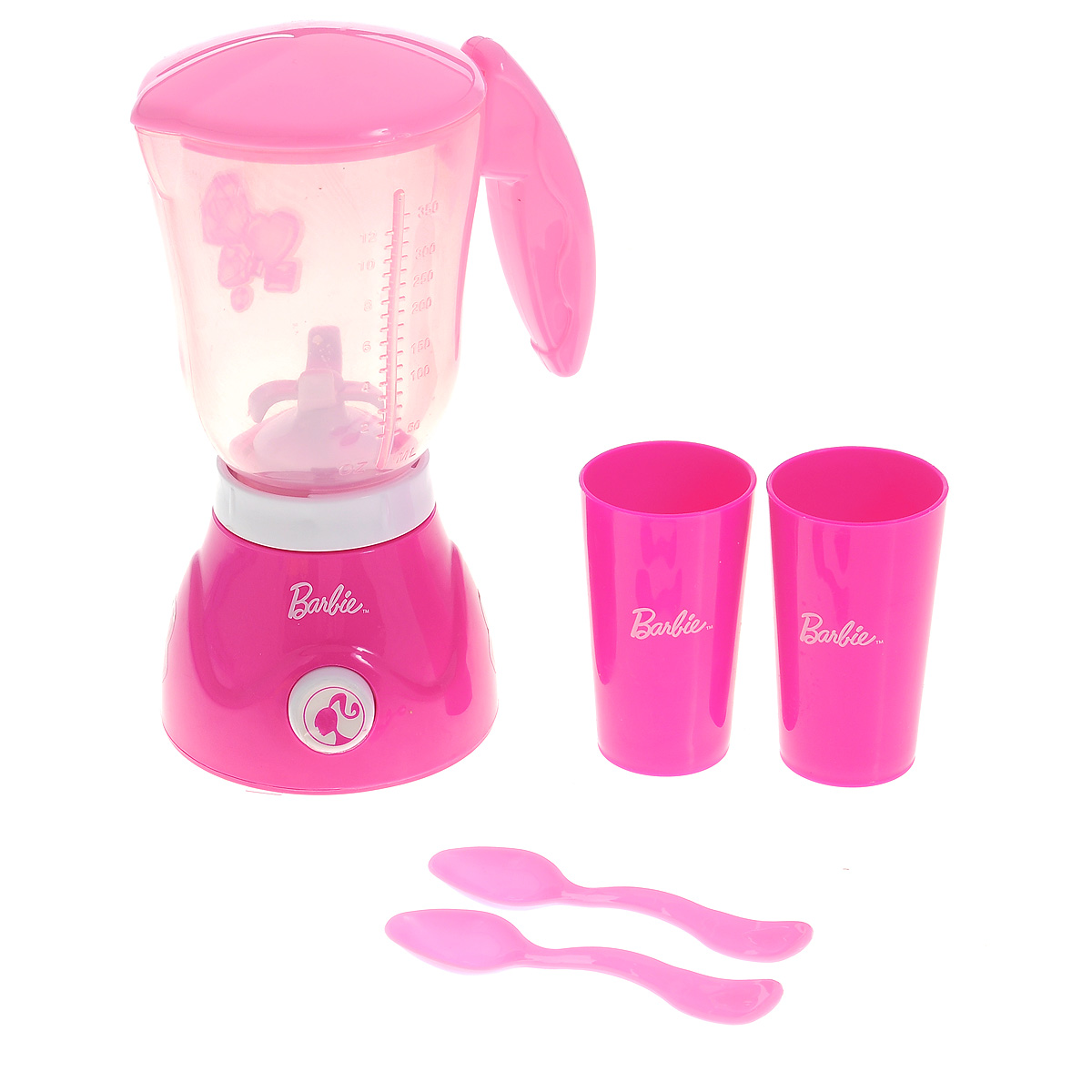 Блендер Barbie, с аксессуарамиJRFBLEND-BB Блендер Barbie, с аксессуарамиJRFBLEND-BBБлендер Barbie непременно понравится вашей маленькой хозяюшке и не позволит ей скучать. Красочный блендер выполнен из прочного безопасного пластика розового цвета. Блендер работает как настоящий - стоит нажать на специальную кнопку, как в прозрачной пластиковой емкости начнут вращаться лопасти. Блендер оснащен удобной ручкой для переноски. В комплект входят 2 стаканчика и 2 ложки, оформленные логотипом Barbie. Такая игрушка поможет ребенку развить звуковое восприятие, мелкую моторику рук и координацию движений, а также станет важным элементом сюжетно-ролевых игр ребенка и познакомит его с работой настоящих бытовых приборов. Порадуйте вашу малышку таким замечательным подарком! Рекомендуется докупить 2 батарейки типа С (товар комплектуется демонстрационными).