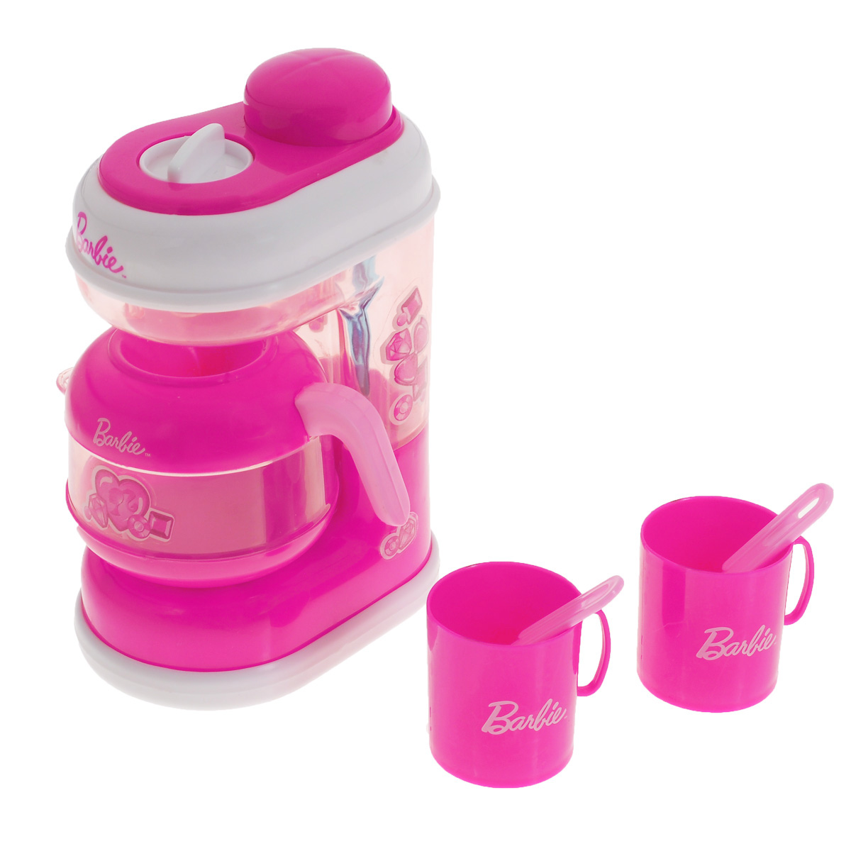 Кофемашина Barbie, с аксессуарамиJRFCOFFE-BB Кофемашина Barbie, с аксессуарамиJRFCOFFE-BBКофемашина Barbie непременно понравится вашей маленькой хозяюшке и не позволит ей скучать. Кофемашина выполнена из прочного безопасного пластика розового цвета. Чтобы включить игрушку, поверните ручку, расположенную в верхней части корпуса. При нажатии большой розовой кнопки сверху, включится подсветка и раздадутся реалистичные звуки льющейся воды. Такая игрушка поможет ребенку развить звуковое восприятие, мелкую моторику рук и координацию движений, а также станет важным элементом сюжетно-ролевых игр и познакомит ребенка с работой настоящих бытовых приборов. Игра с такой кухонной техникой превратится в увлекательное событие, которое обязательно порадует ребенка. Рекомендуется докупить 2 батарейки типа АА (товар комплектуется демонстрационными).
