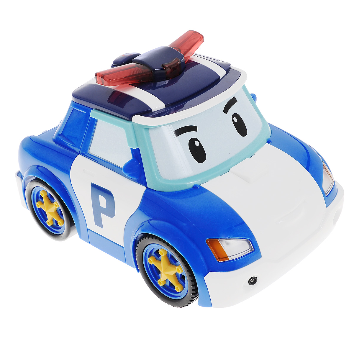 Robocar Poli Машина на радиоуправлении Follow Me Poli83080 Robocar Poli Машина на радиоуправлении Follow Me Poli83080Радиоуправляемая модель Poli Follow Me Poli привлечет внимание любого маленького поклонника мультфильма Robocar Poli. Машинка выполнена из прочного пластика в виде главного героя мультфильма - полицейского автомобиля Поли. Пульт управления выполнен в виде полицейского жезла и разработан специально для маленьких ручек малыша - на нем всего одна кнопка, а для управления машинкой достаточно зажать большую желтую кнопку на и перемещать жезл, и машинка будет следовать за ним. Также игрушка имеет режим танца. Чтобы активировать его, нажмите на кнопку с изображением ноты на крыше машинки, и она начнет кружиться со звуковыми и световыми эффектами. Машинка умеет автоматически распознавать препятствия и избегать их. Ваш малыш часами будет играть с такой игрушкой, придумывая различные истории и устраивая соревнования. Порадуйте его таким замечательным подарком! Для работы машинки необходимо докупить 4 батареи типа AА (не входят в комплект). Для работы пульта...