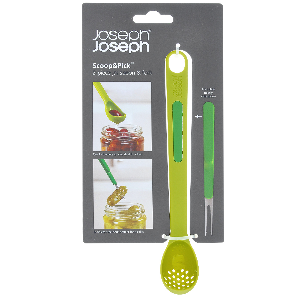 Набор для солений Joseph Joseph Scoop, 2 предмета10105 Набор для солений Joseph Joseph Scoop, 2 предмета10105Набор для солений Joseph Joseph Scoop состоит из ложки с отверстиями и маленькой вилочки. Предметы набора выполнены из цветного пластика. Ложка и вилка для солений позволят легко достать из высокой банки продукты. Оба инструмента удобно соединяются друг с другом для компактного хранения. Ложечка с отверстиями идеальна для оливок и маслин. Вилочка из нержавеющей стали прекрасно подходит для соленых огурчиков, грибов и других вкусностей. Предметы набора можно мыть в посудомоечной машине. Длина ложки: 20 см. Длина вилки: 11 см.