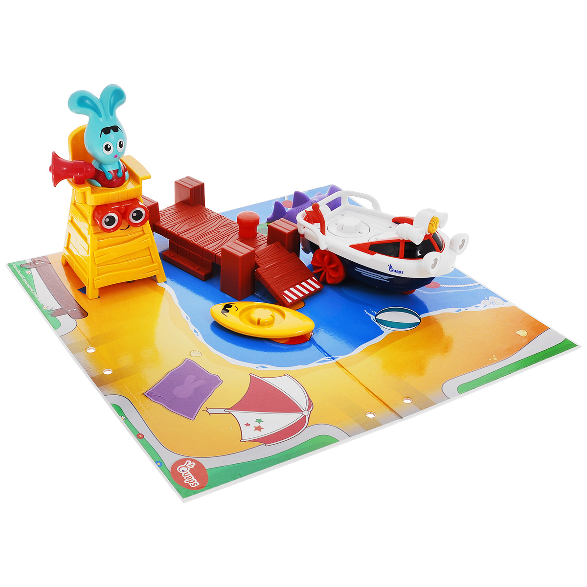 Игровой набор Quaps Спасатель Бани61146 Игровой набор Quaps Спасатель Бани61146Игровой набор Quaps Спасатель Бани - это прекрасный подарок для малыша старше 18 месяцев. Набор выполнен в ярких красках и изготовлен из качественных материалов. Набор включает в себя пирс, игровой мат, спасательный катер, доску для серфинга, акулу, спасательную вышку, фигурку Бани. Бани распевает песенки сидя на спасательной вышке, при звуках сирены он кидается на помощь в воду на своем катере. Сирена включается при нажатии на рупор. Также Бани может отправиться на помощь на доске для серфинга. При нажатии на бинокль – Бани выпрыгнет из кресла вышки и отправится на помощь. Можно разместить Бани и его друзей на спасательном катере и запустить его (возможно играть на ровной поверхности или воде). Для запуска необходимо потянуть за спасательный круг. Ваш ребенок часами будет играть с этим набором, придумывая различные истории. Порадуйте его таким замечательным подарком! Рекомендуется докупить2 батарейки напряжением 1,5V типа ААА (товар комплектуется...