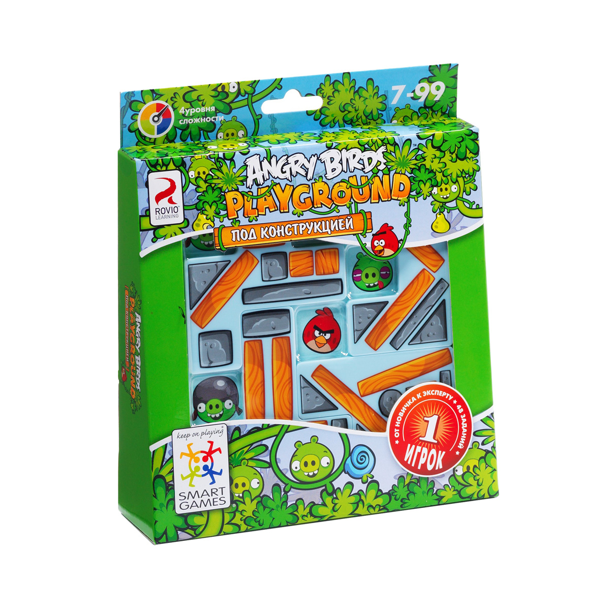 Bondibon Логическая игра Smartgames Angry Birds PlaygroundФ48269 Bondibon Логическая игра Smartgames Angry Birds PlaygroundФ48269Веселый поединок мужественной сердитой птички с бандой злобных зеленых свинок. Никто уже не помнит, отчего рассердились маленькие круглые птички на зеленых свинок, но теперь они непримиримые враги. В этой игре лишь одна героическая сердитая птичка вынуждена в одиночку противостоять дюжине враждебных свиней. Чтобы выстоять, она должна построить крепость особой неприступной конструкции, используя задания из специальной книжечки. С каждым новым уровнем задача становится все сложнее. Дай глазам отдохнуть от монитора - поиграй в настольную версию популярнейших компьютерных игр. Игра предназначена для одного игрока от 7 лет и старше. Игра имеет 4 уровня сложности. С ее помощью можно развить логическое мышление и познавательные способности, социальное развитие, концентрацию внимания, тренировку памяти, фантазию и мелкую моторику. В комплект входят: буклет с 48 заданиями с ответами, игровая доска, 4 детали для постройки крепости.