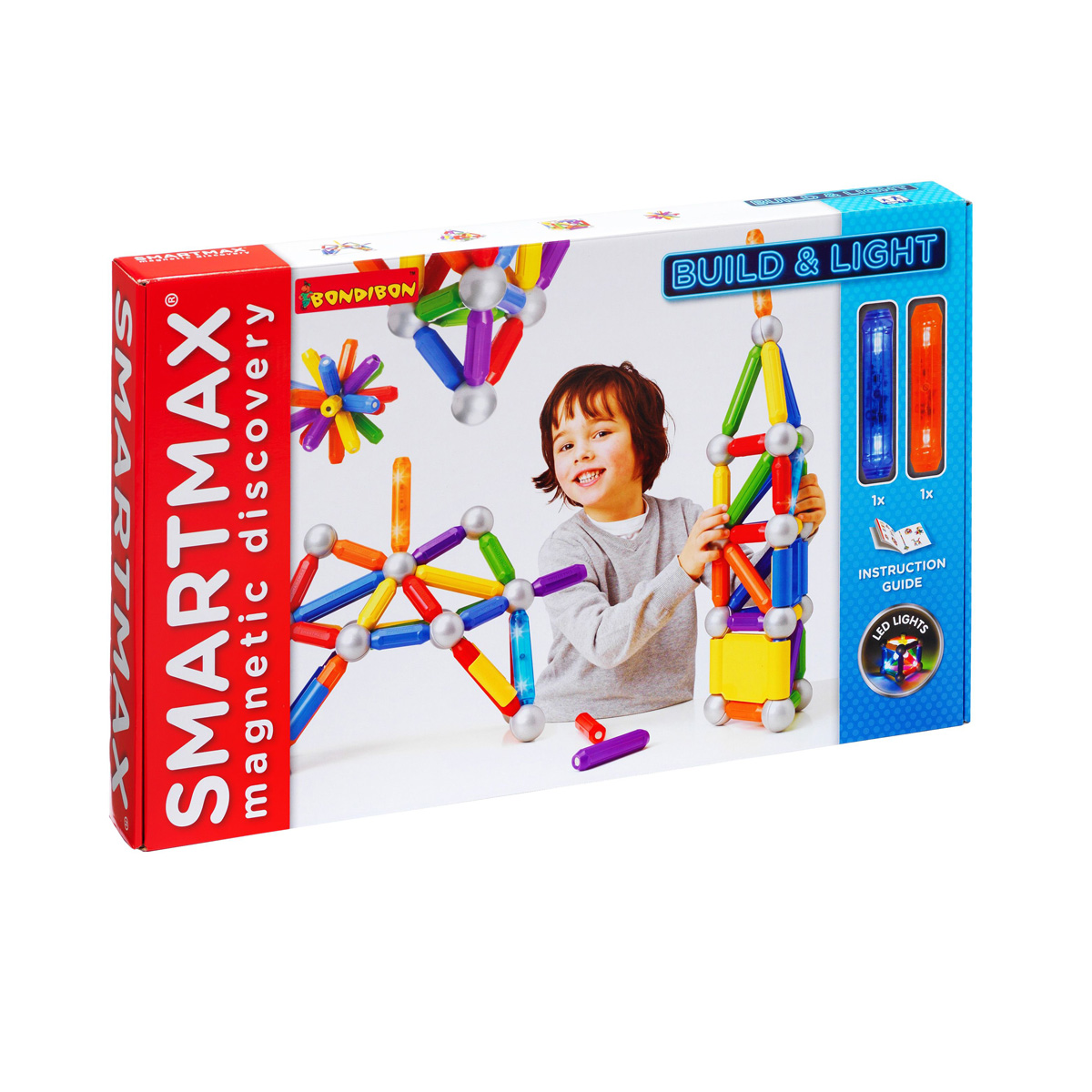 Bondibon Конструктор магнитный Smartmax LED-свет Яркая стройкаВВ0958 Bondibon Конструктор магнитный Smartmax LED-свет Яркая стройкаВВ0958У вас растет будущий строитель? И уже не так интересно складывать кубики или простой конструктор, в ход идут книги, посуда и мебель? Пора купить что-то поинтереснее и поярче! Именно такой конструктор «Яркая стройка» спасет ситуацию и вашу квартиру от очередного разгрома. Конструктор непременно придется по душе Вашему ребенку и займет его внимание надолго. Магнитный конструктор состоит из множества деталей, снабжен LED-светом: Light and Build! Крупные детали, яркие цвета и простота соединения внесут шикарное разнообразие в досуг малышей и помогут им развиваться. Из деталей набора можно построить бесконечное множество разнообразных фигур, домов, башен! Игра с конструктором поможет ребенку научиться соотносить форму и величину предметов, развить мелкую моторику рук, логическое и пространственное мышление и творческие способности, а также поспособствует развитию концентрации внимания и усидчивости. В набор входит: 20 коротких палочек, 13 металлических шаров, 10 длинных...