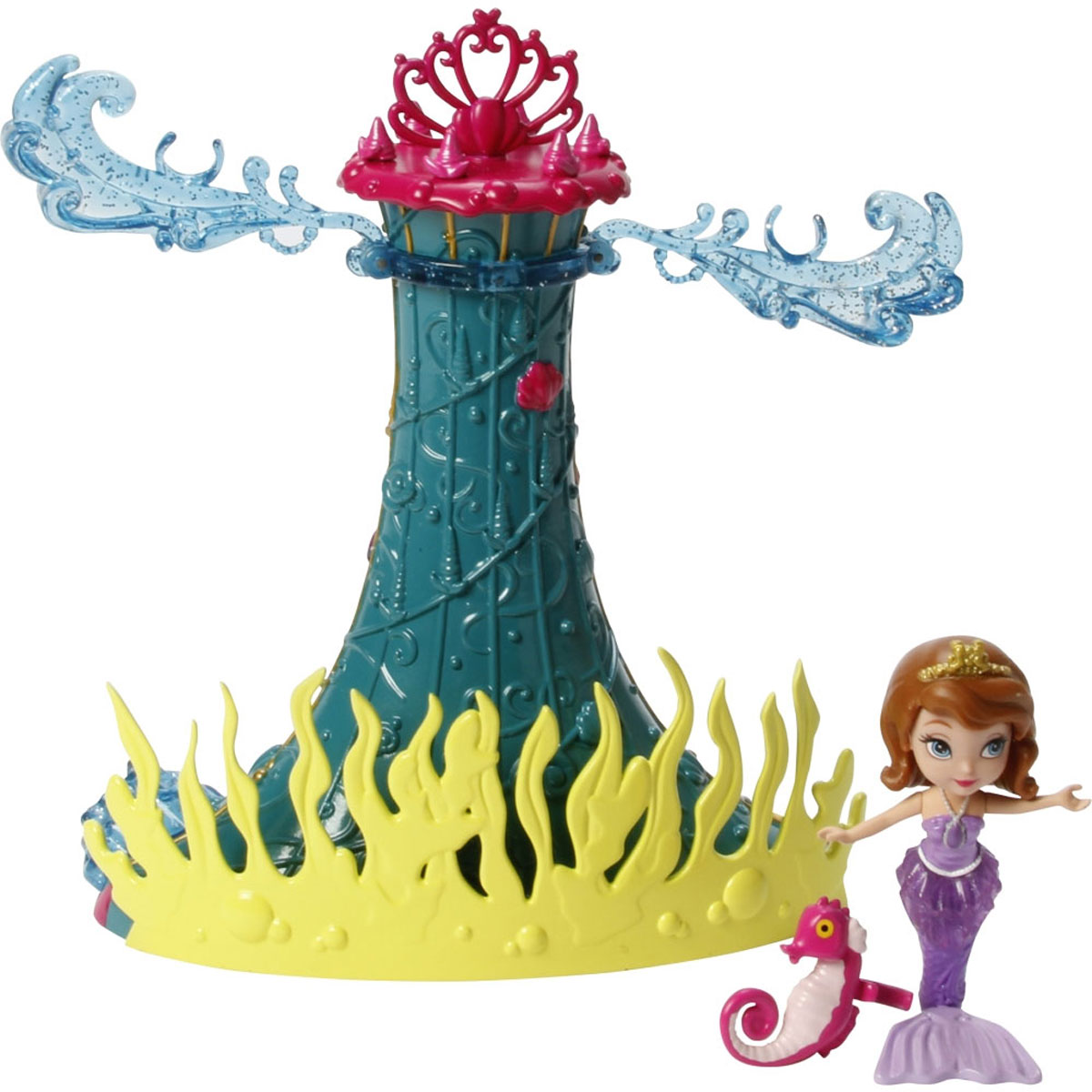 Sofia the First Игровой набор с мини-куклой София в подводном миреCHM54 Sofia the First Игровой набор с мини-куклой София в подводном миреCHM54Подводные приключения и катание на волнах ждут Софию Прекрасную и ее очаровательного друга, морского конька Свена! Набор позволит воспроизвести незабываемую сцену, когда принцесса София превращается в русалку, и повторить приключения друзей под водой. Закрепите Софию и Свена на волне, раскруте ручку - и они закружатся и поплывут! Смотрите, как они, вращаясь, медленно поднимаются и опускаются, словно плывут в настоящей воде. В наборе предусмотрено место для еще одной базовой фигурки - это может быть русалочка Уна (продается отдельно) - чтобы плавать кругами втроем. А если София устанет, для отдыха у нее есть русалочий грот. В набор входят русалочий грот, фигурка Софии, морской конек.