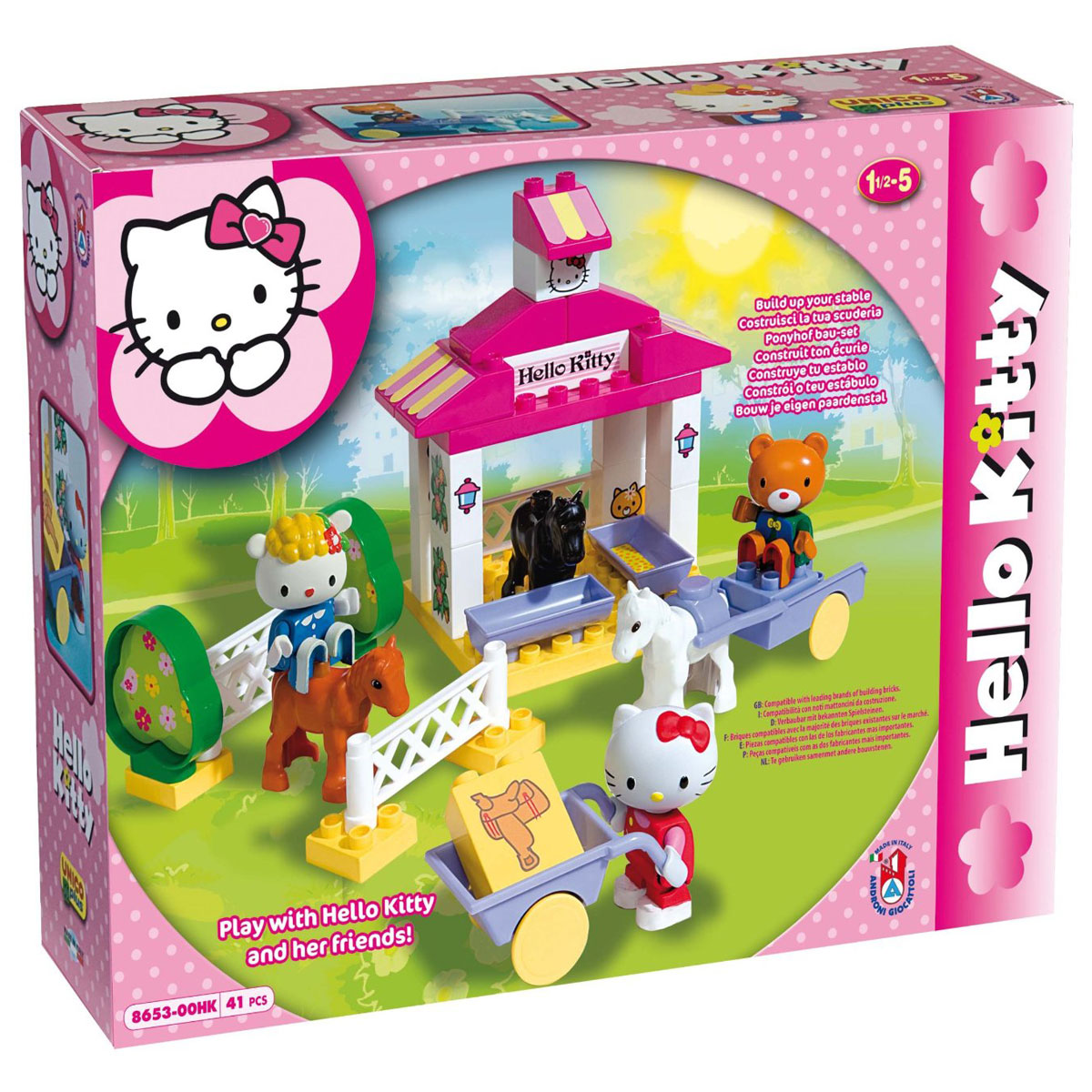 Hello Kitty Конструктор Androni Giocattoli Конюшня8653-00HK Hello Kitty Конструктор Androni Giocattoli Конюшня8653-00HKКонструктор Androni Giocattoli Hello Kitty: Конюшня обязательно порадует вашу малышку и не позволит ей скучать. Игровой набор состоит из 41 детали конструктора, выполненных из безопасного высококачественного пластика ярких цветов (детали для сборки фермы, фигурки персонажей, фигурки лошадок, элементы декора, аксессуары). Из элементов конструктора малышка сможет собрать ферму, где Kitty с друзьями смогут покормить лошадок, покататься на них верхом и на повозке. Красочные фигурки Hello Kitty и ее друзей будут очень интересны вашему ребенку. У фигурок двигаются ручки и ножки. С любимыми героями ребенок может играть как один, так и в компании с другими детьми, придумывая свои интересные истории. Благодаря играм, в которых ребенок собирает из деталей целое, придумывает различные сюжеты, развивается мелкая моторика рук, пространственное мышление, воображение и творческие способности малыша. Детали конструктора совместимы с игрушечными строительными элементами известных...