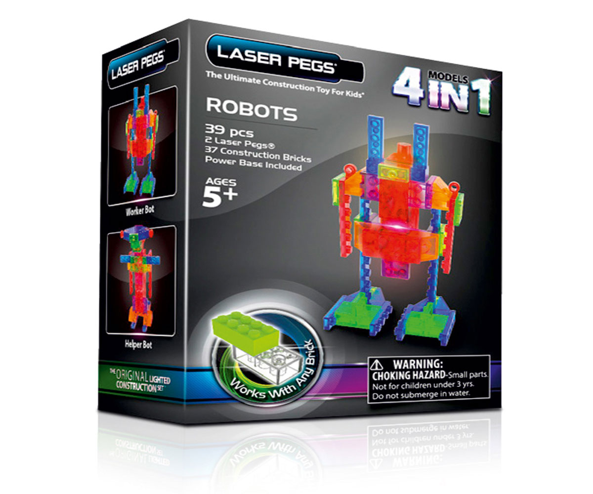 Laser Pegs Конструктор Роботы 4 в 1MPS200B Laser Pegs Конструктор Роботы 4 в 1MPS200BЯркий конструктор Laser Pegs Роботы непременно понравится вашему малышу и не позволит ему скучать. С помощью такого конструктора малыш сможет собрать 4 разные модели роботов, руководствуясь инструкцией или полагаясь на свою фантазию. Конструктор выполнен из прочного пластика и включает в себя 61 элемент конструктора, 2 элемента со светодиодами, мобильный источник питания и подробную инструкцию на русском языке. Все элементы конструктора имеют яркие цвета и безопасны для малыша. У игрушки есть два режима свечения: обычный и мигающий. Ребенок сможет часами играть с этим конструктором, придумывая разные истории и комбинируя детали. Из разноцветных элементов разных форм и размеров, деталей со встроенными светодиодами ребенок создаст фигурки роботов. При выключенном свете модели из этого конструктора выглядит особенно эффектно, фигурку можно использовать как ночник! Игры с конструкторами помогут ребенку развить воображение, внимательность, зрительное...
