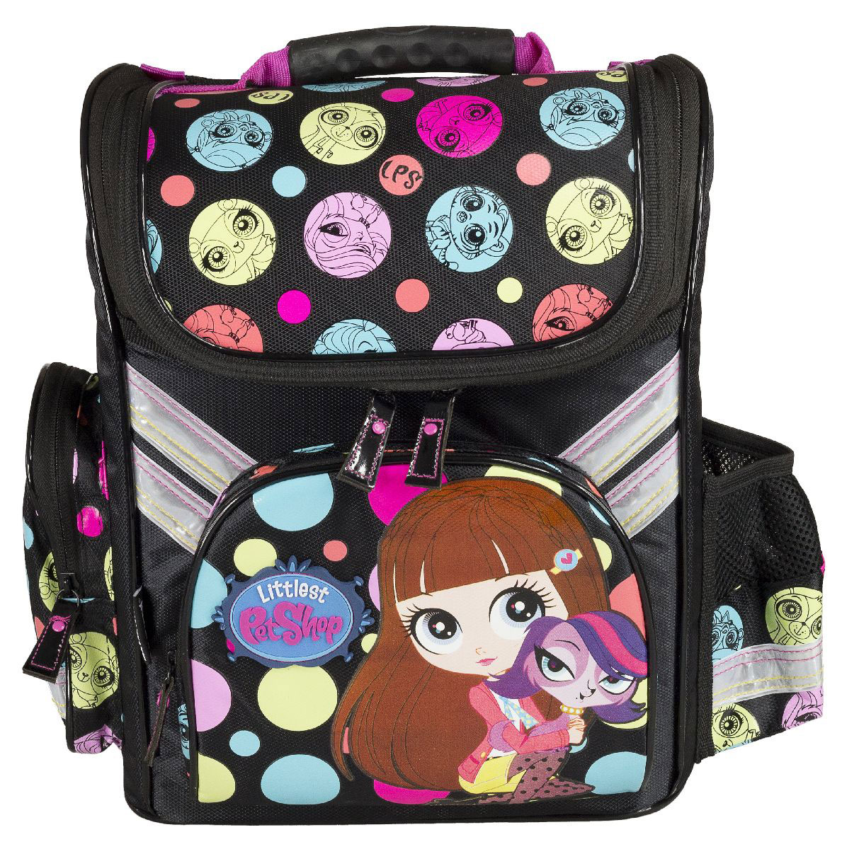 Ранец профилактический Littlest Pet Shop, с эргономической спинкой, цвет: черный, розовыйLPCB-RT2-113 Ранец профилактический Littlest Pet Shop, с эргономической спинкой, цвет: черный, розовыйLPCB-RT2-113Ранец профилактический Littlest Pet Shop обязательно привлечет внимание вашей школьницы. Он выполнен из прочных и высококачественных материалов черного и розового цветов, а также оформлен изображением героев известного мультфильма Маленький зоомагазин. Содержит одно вместительное отделение, закрывающееся на застежку-молнию с двумя бегунками. Внутри отделения имеются две мягкие перегородки для тетрадей и учебников, фиксирующиеся резинкой. Также в отделении находится прорезной карман на молнии и два боковых вертикальных кармана на липучке. На лицевой стороне расположен накладной карман на застежке-молнии. Ранец имеет два боковых накладных кармана, закрывающиеся на молнии. Жесткий каркас корпуса, благодаря которому ранец держит форму, способствует равномерному распределению нагрузки. Конструкция спинки дополнена эргономичными подушечками для снижения давления на позвоночник, противоскользящей сеточкой, обладающей гипоаллергенными свойствами и...