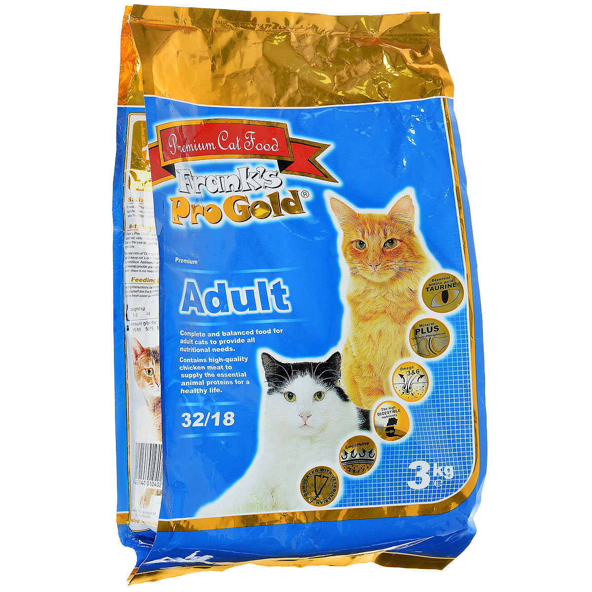 Корм сухой Franks ProGold для взрослых кошек, с курицей, 3 кг23291 Корм сухой Franks ProGold для взрослых кошек, с курицей, 3 кг23291Сухой корм Franks ProGold - это полноценный рацион для взрослых кошек. Он содержит особую разработанную с участием ученых комбинацию ингредиентов для поддержания здоровья вашего питомца в течение продолжительного времени. Не содержит пшеницы, соевых добавок, ГМО. Состав: дегидрированное мясо курицы, рис, куриный жир, дегидрированная рыба, ячмень, гидролизованная куриная печень, кукурузная мука, свекла, дрожжи, яичный порошок, рыбий жир, минералы и витамины, гидролизованные хрящи (источник хондроитина), гидролизованные рачки (источник глюкозамина), лецитин (минимум 0,5 %), инулин (минимум 0,5 % FOS), таурин. Пищевая ценность: белки 32,0%, жиры 18,0%, клетчатка 2,0%, зола 6,0%, влажность 8,0%, фосфор 0,9%, кальций 1,4%. Добавки: витамин-A (E672) 20000 IU/кг, витамин-D3 (E671) 2000 IU/кг, витамин-E (dl-альфа токоферола ацетат) 400 мг/кг, витамин-C (фосфат аскорбиновой кислоты) 250 мг/кг, таурин 1000 мг/кг, E1 75 мг/кг, E2 1,5 мг/кг, E3 0,5 мг/кг, E4 5 мг/кг,...