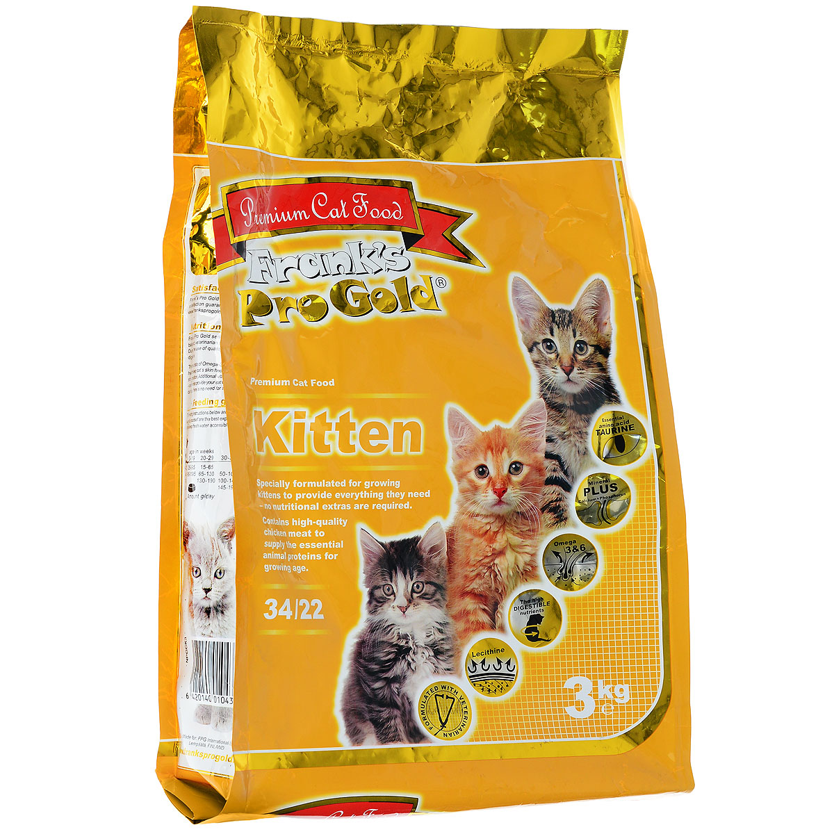 Корм сухой Franks ProGold для котят, с курицей и рисом, 3 кг23289 Корм сухой Franks ProGold для котят, с курицей и рисом, 3 кг23289Сухой корм Franks ProGold - полнорационный сухой корм для котят до 12 месяцев. Корм специально создан в соответствии с потребностями развивающегося организма. Здоровый рост и развитие. Богат белком высокого качества, витаминами и минералами для здорового роста и правильного развития. Здоровое пищеварение. Курица и рис для легкого усвоения и оптимального пищеварения. Состав: мясо курицы, рис, куриный жир, рыбное филе, злаки, куриная печень, мякоть свеклы, дрожжи, яичный порошок, рыбий жир, минералы и витамины, лецитин, инулин (FOS), таурин. Пищевая ценность: белки 34,0%, жиры 22,0%, клетчатка 2,0%, зола 6,8%, влажность 8%, фосфор 1,1%, кальций 1,2%. Товар сертифицирован.