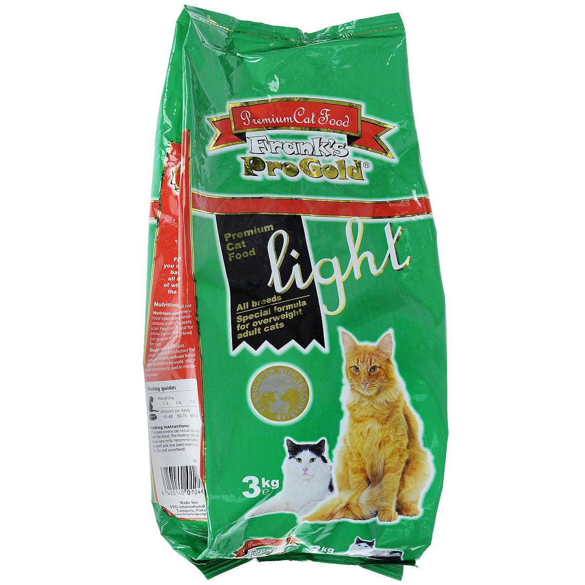 Корм сухой Franks ProGold для кошек, склонных к полноте, с курицей и рисом, 3 кг23293 Корм сухой Franks ProGold для кошек, склонных к полноте, с курицей и рисом, 3 кг23293Сухой корм Franks ProGold - это полноценный сбалансированный корм для склонных к полноте кошек, а также после кастрации и стерилизации. Каждая четвертая кошка страдает избыточным весом. Однажды появившийся избыточный вес имеет тенденцию сохраняться и даже увеличиваться. Лишние килограммы могут повредить здоровью вашей кошки. Чтобы вернуть кошке идеальный вес, необходимы разумные ограничения рациона. Состав: мясо курицы, рис, маис, рыбное филе, печень птицы, кукурузная мука, мякоть свеклы, куриный жир, дрожжи, рыбий жир, минералы и витамины, фруктоолигосахариды (минимум 0,5%), лецитин, холинхлорид, витамин U, витамин С. Пищевая ценность: белки 29,0%, жиры 12,0%, клетчатка 2,5%, зола 6,5%, влажность 8,0%, фосфор 0,9%, кальций 1,0%, натрий 0,4%, магний 0,08%. Калорийность: 3505 ккал/кг. Товар сертефицирован.