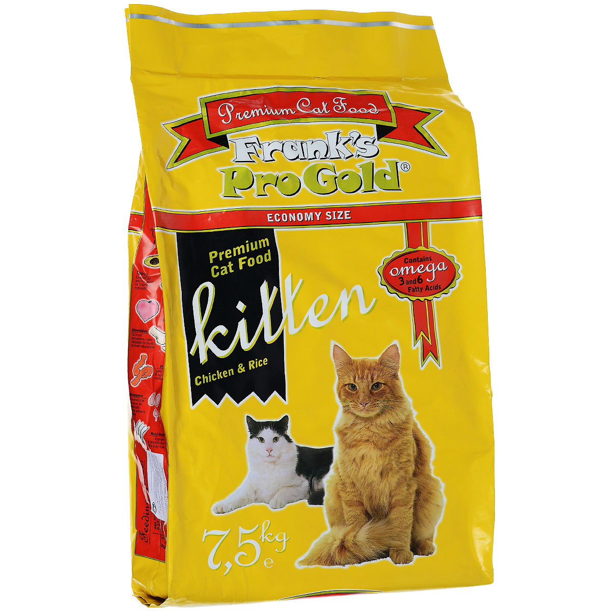 Корм сухой Franks ProGold для котят, с курицей и рисом, 7,5 кг23290 Корм сухой Franks ProGold для котят, с курицей и рисом, 7,5 кг23290Сухой корм Franks ProGold - полнорационный сухой корм для котят до 12 месяцев. Корм специально создан в соответствии с потребностями развивающегося организма. Здоровый рост и развитие. Богат белком высокого качества, витаминами и минералами для здорового роста и правильного развития. Здоровое пищеварение. Курица и рис для легкого усвоения и оптимального пищеварения. Состав: мясо курицы, рис, куриный жир, рыбное филе, злаки, куриная печень, мякоть свеклы, дрожжи, яичный порошок, рыбий жир, минералы и витамины, лецитин, инулин (FOS), таурин. Пищевая ценность: белки 34,0%, жиры 22,0%, клетчатка 2,0%, зола 6,8%, влажность 8%, фосфор 1,1%, кальций 1,2%, натрий 0,45%, магний 0,08%. Товар сертифицирован.
