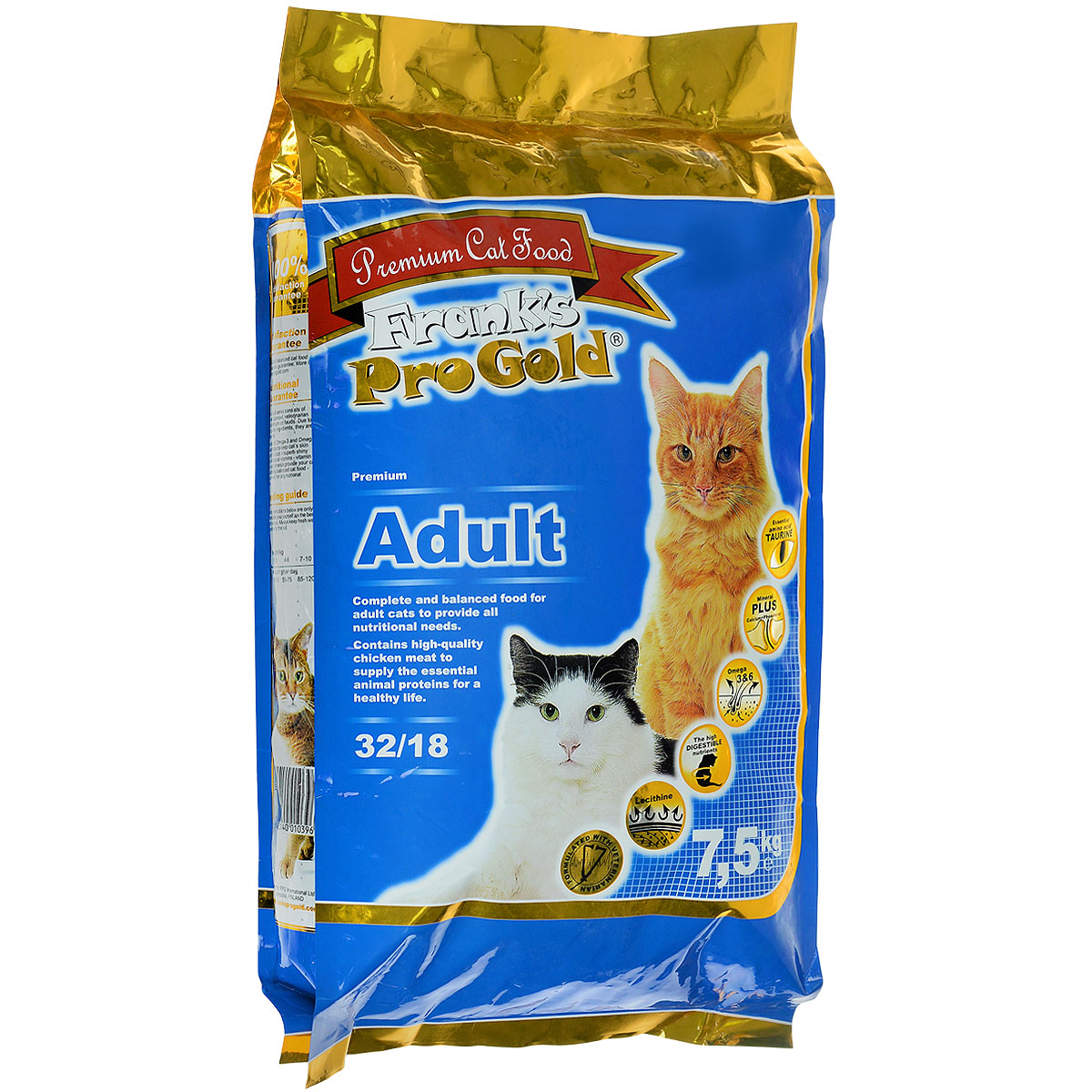 Корм сухой Franks ProGold для взрослых кошек, с курицей, 7,5 кг23292 Корм сухой Franks ProGold для взрослых кошек, с курицей, 7,5 кг23292Сухой корм Franks ProGold - это полноценный рацион для взрослых кошек. Он содержит особую разработанную с участием ученых комбинацию ингредиентов для поддержания здоровья вашего питомца в течение продолжительного времени. Не содержит пшеницы, соевых добавок, ГМО. Состав: дегидрированное мясо курицы, рис, куриный жир, дегидрированная рыба, ячмень, гидролизованная куриная печень, кукурузная мука, свекла, дрожжи, яичный порошок, рыбий жир, минералы и витамины, гидролизованные хрящи (источник хондроитина), гидролизованные рачки (источник глюкозамина), лецитин (минимум 0,5%), инулин (минимум 0,5% FOS), таурин. Пищевая ценность: белки 32,0%, жиры 18,0%, клетчатка 2,0%, зола 6,0%, влажность 8,0%, фосфор 0,9%, кальций 1,4%. Добавки: витамин-A (E672) 20000 IU/кг, витамин-D3 (E671) 2000 IU/кг, витамин-E (dl-альфа токоферола ацетат) 400 мг/кг, витамин-C (фосфат аскорбиновой кислоты) 250 мг/кг, таурин 1000 мг/кг, E1 75 мг/кг, E2 1,5 мг/кг, E3 0,5 мг/кг, E4 5 мг/кг, E5...