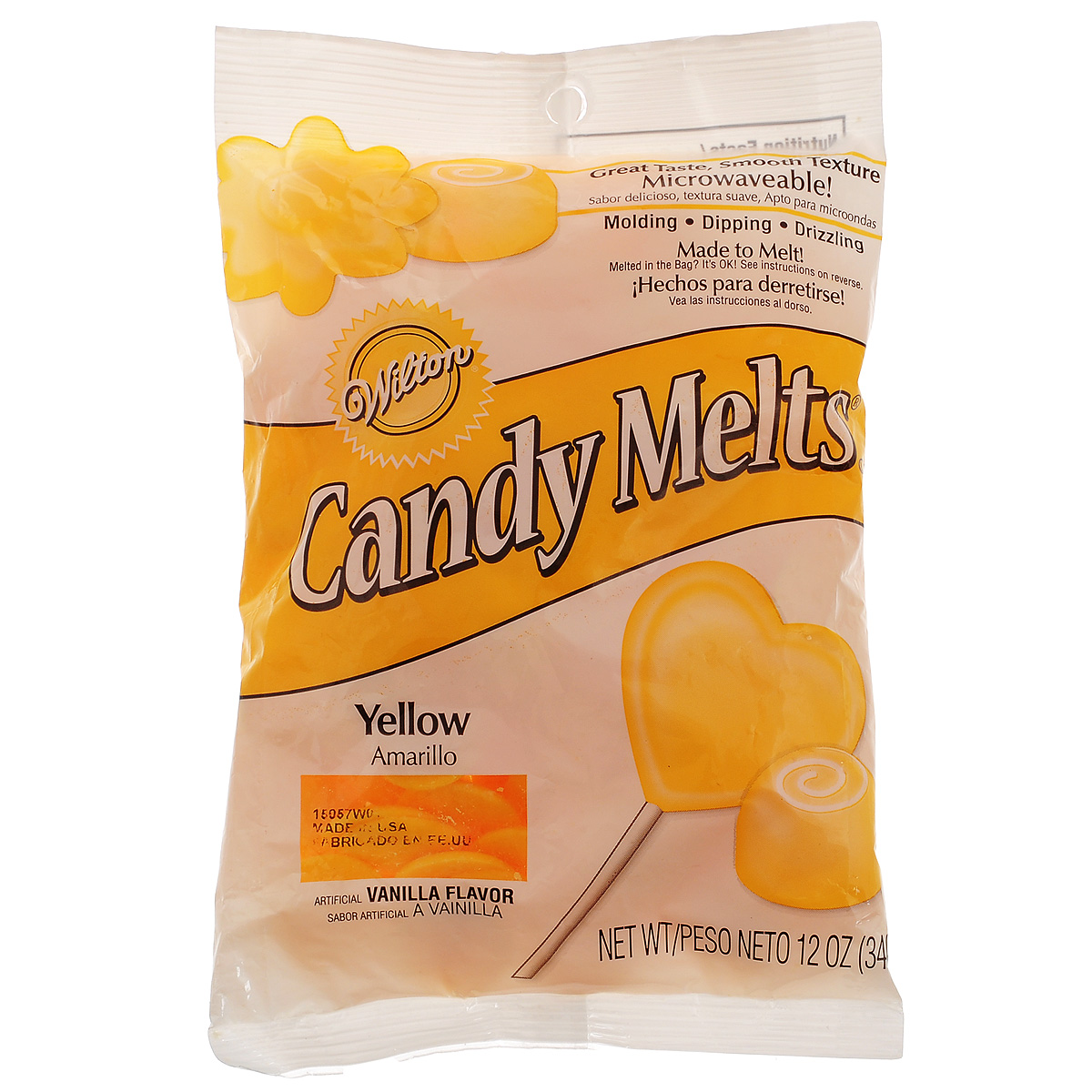 Тающая конфетка Wilton Candy Melts, цвет: желтый, 340 гWLT-1911-1369 Тающая конфетка Wilton Candy Melts, цвет: желтый, 340 гWLT-1911-1369Тающая конфетка Wilton Candy Melts используется для создания конфет, глазировки фруктов, печений, тортов и других кондитерских изделий. Имеет форму таблетки. С помощью таких конфет можно создавать кондитерские изделия различной формы. Растопить конфеты можно в микроволновой печи или на водяной бане, а затем залить в формочки. Когда масса застынет, просто переверните формочку и достаньте готовое изделие. Состав: сахар, частично гидрогенизированное пальмовое масло, сухое цельное молоко, обезжиренное сухое молоко, сухая сыворотка деминерализованная, соевый лецитин, соль, пищевой краситель, искусственный ароматизатор. Пищевая ценность на 100 г: жиры - 30 г, в т.ч. насыщенные жиры - 27,5 г, белок - меньше 2,5 г, углеводы - 67,5 г, в т.ч. сахар - 67,5 г, натрий - 112,5 мг. Энергетическая ценность: 550 Ккал. Масса нетто: 340 г. Товар сертифицирован.