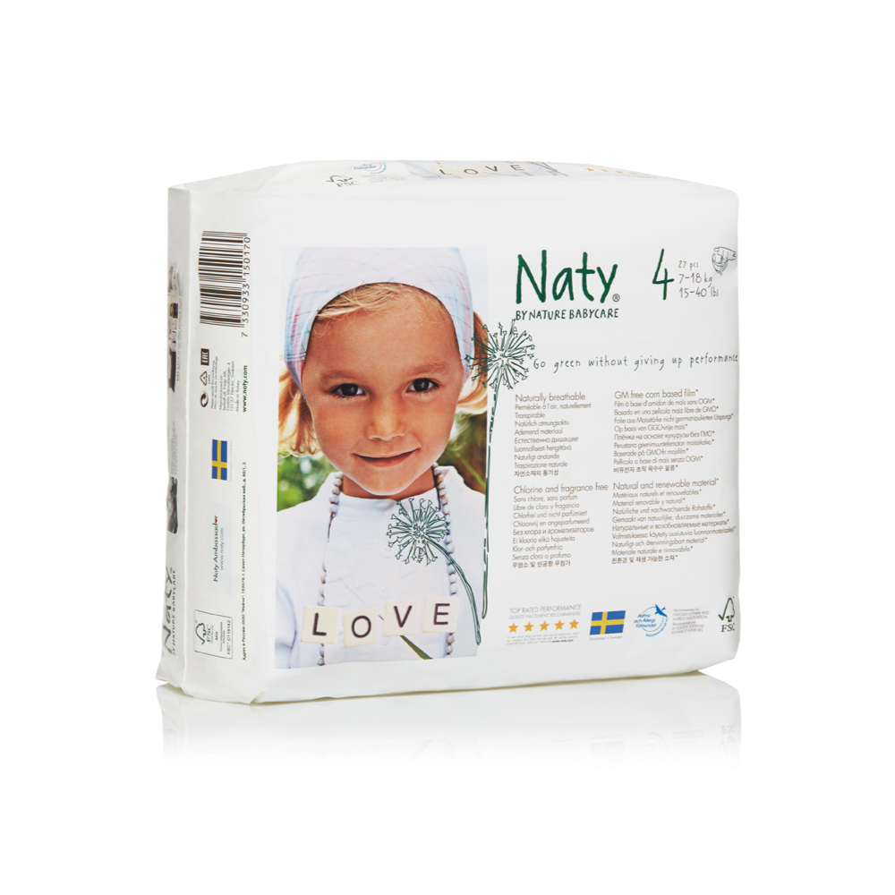 Фито-подгузники Naty (Найти), размер 4 (от 7 до 18 кг.), 27 шт.7330933150170 Фито-подгузники Naty (Найти), размер 4 (от 7 до 18 кг.), 27 шт.7330933150170О бренде: Компания Naty основана в Швеции матерью двух мальчиков Марлен Сандберг. В результате для малышей и их мам была создана новая, экологически чистая продукция из натурального воспроизводимого сырья, отвечающая высоким запросам потребителей по качеству, эффективности и дизайну. Компания представляет широкий ассортимент товаров личной гигиены из натуральных материалов для детей и женщин, а также детский текстиль. Вся продукция шведской компании Naty изготовлена из натуральных органических материалов, не содержит никаких вредных химических компонентов. Материалы, которые используются для производства, проходят все необходимые тесты на аллергические реакции. Продукция Naty - это выбор ответственных родителей, заботящихся о здоровье своих детей и окружающей природе. Описание: Вместо нефтепродуктов для производства подгузников и трусиков Naty использует материал на основе кукурузного крахмала. Подгузник Naty состоит из наполнителя на основе целлюлозы, отбеленной...