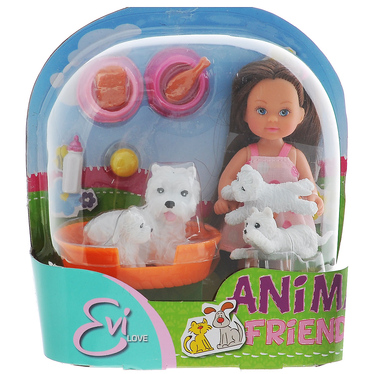 Simba Игровой набор Еви с домашними животными5734191 Simba Игровой набор Еви с домашними животными5734191Игровой набор Еви с домашними животными станет отличным подарком для вашей малышки. Набор включает в себя куколку Еви, ее питомцев в виде белой собачки и трех ее щенков, а также аксессуары для ухода за животными. Очаровательная куколка Еви с темными волосами одета в розовый сарафан, на ногах розовые ботиночки. У куколки подвижные ручки и ножки. Благодаря аксессуарам набора ваша малышка сможет играть с куколкой и ухаживать за любимыми питомцами: кормить, гулять, играть с ними. Играя с набором Еви с домашними животными, ребенок может придумывать и разыгрывать различные сюжеты, что способствует развитию фантазии, воображения, а также учит любить животных.