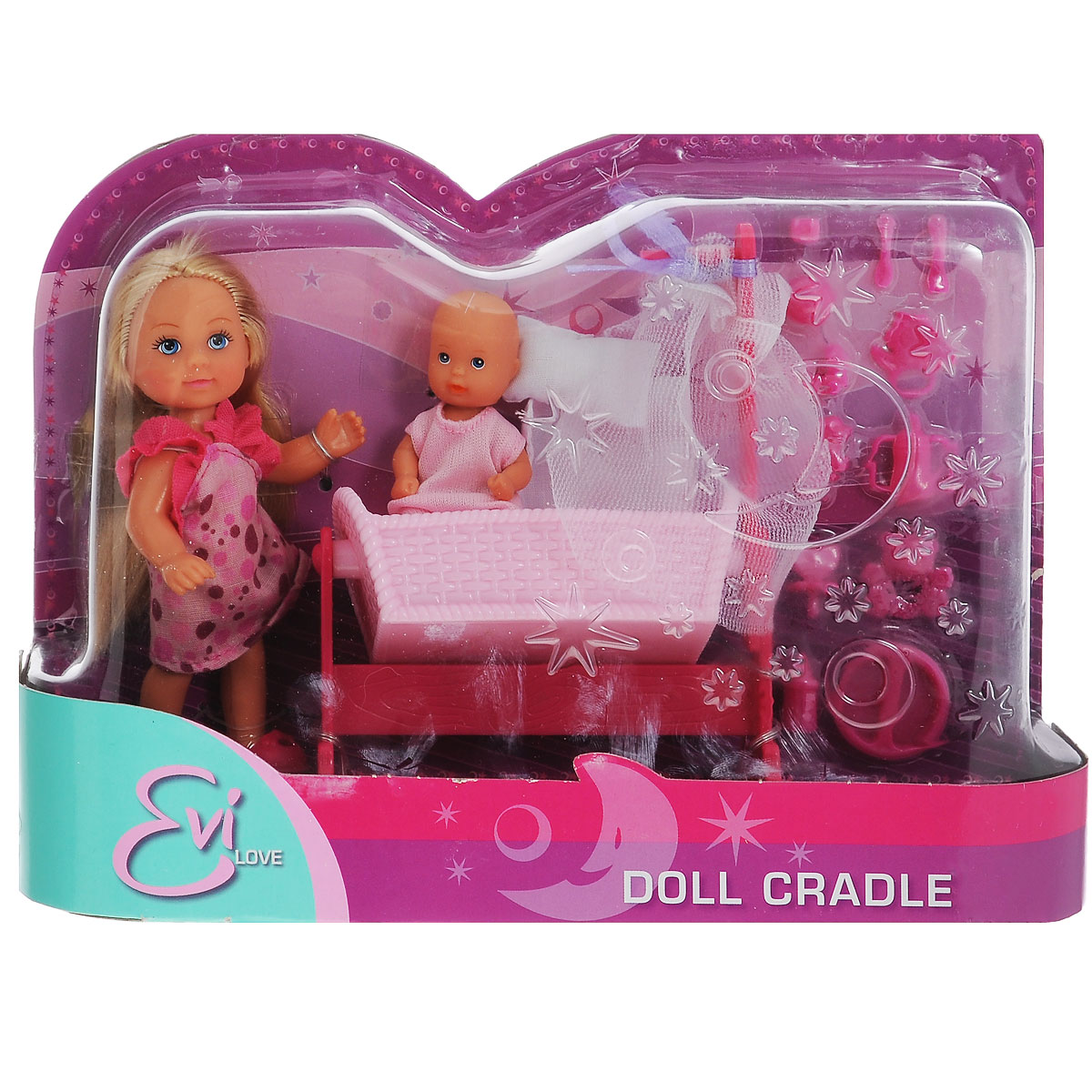 Simba Игровой набор Doll Cradle цвет розовый5736242 Simba Игровой набор Doll Cradle цвет розовый5736242Игровой набор Simba Doll Cradle порадует любую девочку и надолго увлечет ее. В комплект входит кукла Еви, пупс-малыш, колыбель для малыша с мягкой подушкой и одеялом, а также множество аксессуаров для кормления и ухода за малышом. Все аксессуары выполнены из прочного безопасного пластика. Кукла Еви одета в длинное платье в цветочек, на голове у нее - эластичный ободок. На малыше надето розовое боди. Вашей дочурке непременно понравится заплетать длинные белокурые волосы куклы, придумывая разнообразные прически. Руки, ноги и голова куклы подвижны, благодаря чему ей можно придавать разнообразные позы. Игры с куклой способствуют эмоциональному развитию, помогают формировать воображение и художественный вкус, а также разовьют в вашей малышке чувство ответственности и заботы. Великолепное качество исполнения делают этот набор чудесным подарком к любому празднику.