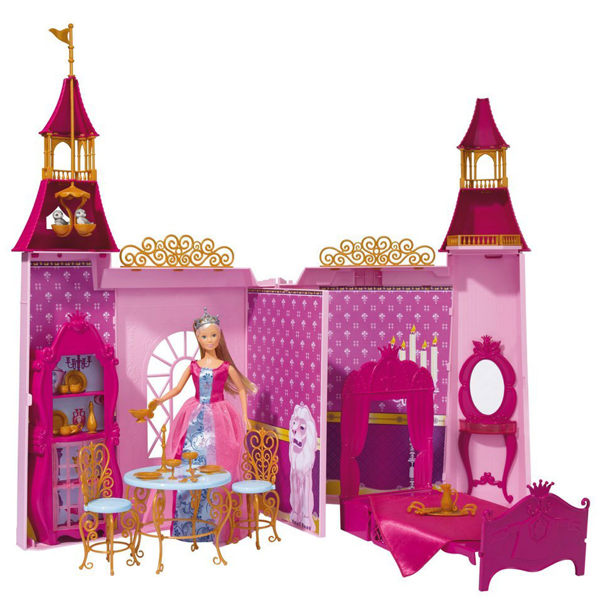 Simba Игровой набор с куклой Замок Штеффи5731118 Simba Игровой набор с куклой Замок Штеффи5731118Кукла Simba Штеффи и ее замок надолго займет внимание вашей малышки и подарит ей множество счастливых мгновений. Кукла изготовлена из пластика, ее голова, ручки и ножки подвижны, что позволяет придавать ей разнообразные позы. Каждая кукла мечтает жить в таком шикарном замке, который есть у куклы Штеффи! Это очень красочный, детально проработанный набор, в который входит не только сама кукла, но и ее замок, а также множество аксессуаров для игры. Замок создан в розовом, малиновом, лиловом цвете с вкраплениями золотого. В наборе есть резные стульчики и стол, королевская кровать, шкафчик, туалетный столик, посуда. В высоких башнях можно рассмотреть гнездо птичек, балкончики. Замок можно складывать и раскладывать, как книгу. Специальная перегородка делит пространство на 2 комнаты. В комплекте с куклой имеется раскладной замок, сборная мебель и аксессуары. Кукла одета в шикарное длинное платье с блестками. Наряд дополняют розовые туфельки и корона. Благодаря...