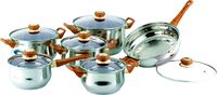 Набор посуды BK-203 ClassicBK-203 Набор посуды BK-203 ClassicBK-20312 п.: 4 кастрюли 1.5л(16см), 2.1л(18см), 3л(20см), 6л(24см), ковш 1,5л(16см), сковорода 2.6л(24см), крышки стекл., ручки пластм. корич, капсул. дно, поверхность зерк. Состав: нержав. сталь.