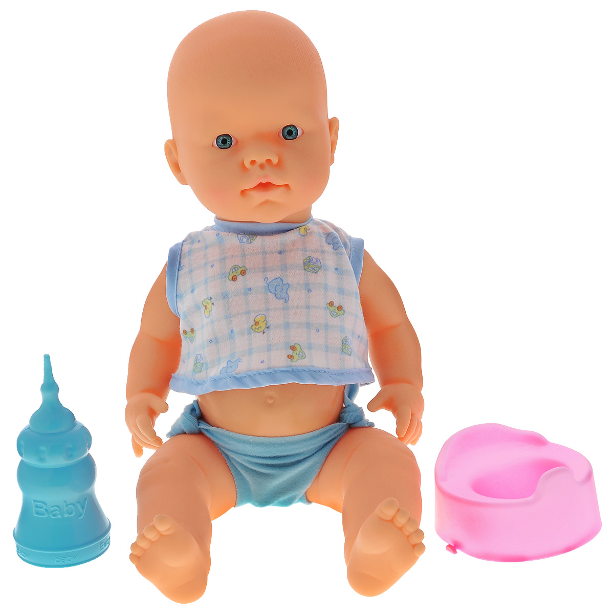Falca Кукла Пупс, цвет: голубой39525/39007 Falca Кукла Пупс, цвет: голубой39525/39007Falca Кукла Пупс обязательно станет любимой, ведь она почти как настоящий ребенок! Пупс одет в голубую маечку и трусики. Он очень любит пить из своей бутылочки, а потом писает в горшок. В набор входят также горшок и бутылочка. Высота игрушки 38 см.