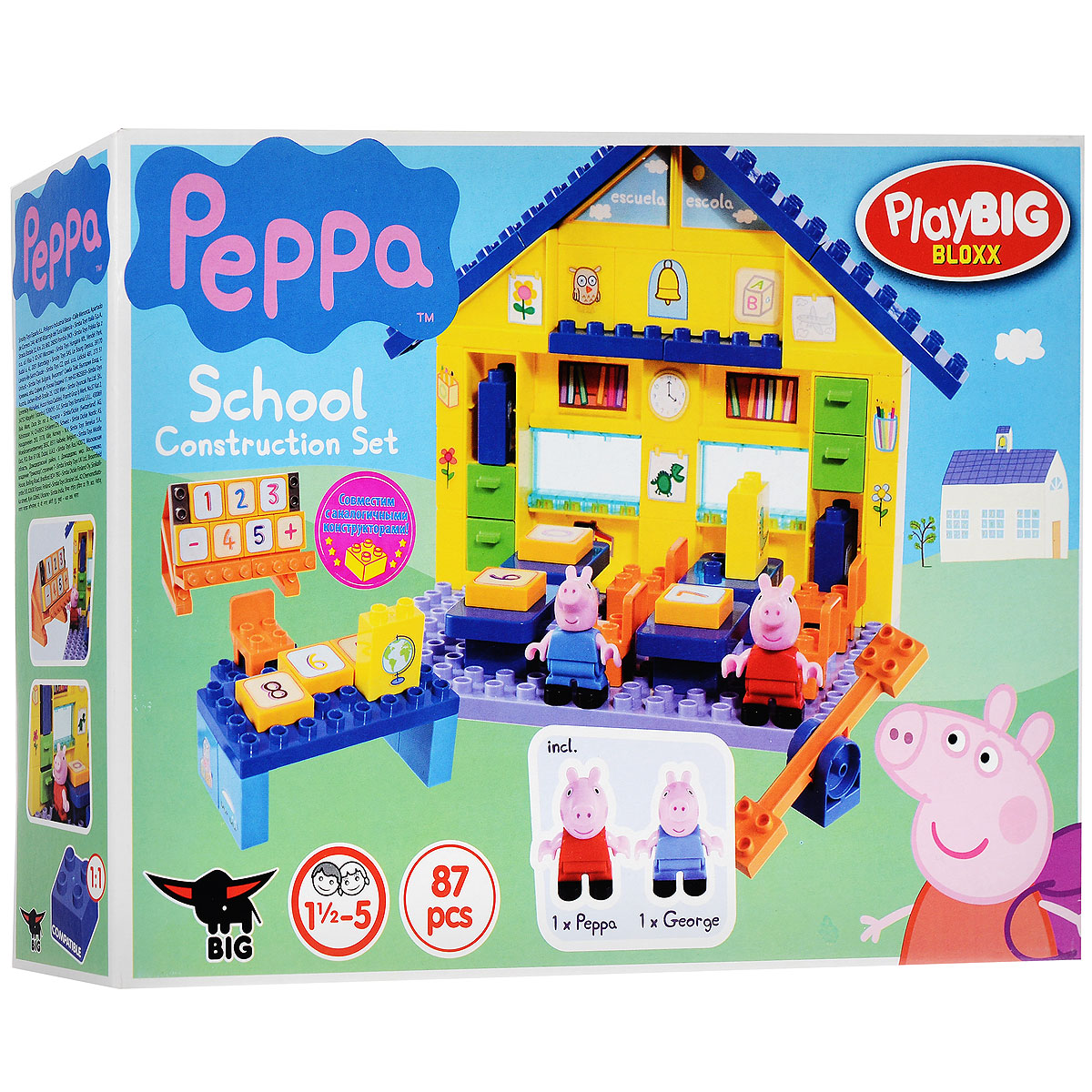 Play Big Конструктор Peppa Pig Школа57075 Play Big Конструктор Peppa Pig Школа57075Конструктор Play Big Peppa Pig. Школа обязательно порадует поклонников всемирно известного британского мультика Свинка Пеппа. Как и все юные озорники, Свинка Пеппа не всегда учится с большой охотой. Ведь она такая затейница и часто не прочь немного пошалить. Именно поэтому в школе для такой подвижной героини имеется место для активных игр и даже качели! Школьный класс выполнен с максимальным вниманием к деталям, в нем предусмотрели все, что нужно для полноценного обучения: парты со стульчиками, место учителя, книги, часы и множество ящиков. Собирать этот конструктор невероятно интересно, ведь с каждой новой деталькой вы воспроизводите часть мультяшного мира забавной Свинки Пеппы. Красочный конструктор отлично развивает воображение ребенка, его логику и инженерное мышление, мелкую моторику. Набор содержит 87 деталей, в том числе фигурки Пеппы и Джорджа. Рекомендуемый возраст: от 18 месяцев.