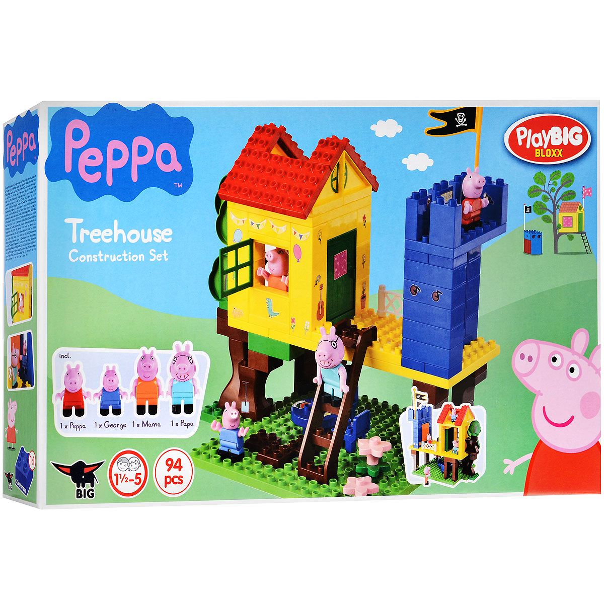Peppa Pig Конструктор Дом на дереве57077 Peppa Pig Конструктор Дом на дереве57077Конструктор Play Big Peppa Pig. Дом на дереве обязательно порадует поклонников всемирно известного британского мультика Свинка Пеппа. Вместе с младшим братиком Джорджем Пеппа обожает проводить все свое свободное время в домике на дереве, устраивая подвижные игры. Иногда к ним присоединяется даже мама с папой и тогда начинается настоящее веселье, ведь интереснее всего играть всей семьей. Зеленую лужайку, на которой Пеппа с братиком так любят играть в салочки, можно украсить яркими розовыми цветочками. Кроме того, на домике располагается мачта с пиратским флагом, словно на настоящем корабле, с ее вершины очень удобно осматривать окрестности. Красочный конструктор отлично развивает воображение ребенка, его логику и инженерное мышление, мелкую моторику. Набор содержит 94 детали, в том числе фигурки Пеппы, Джорджа, Папы и Мамы. Рекомендуемый возраст: от 18 месяцев.