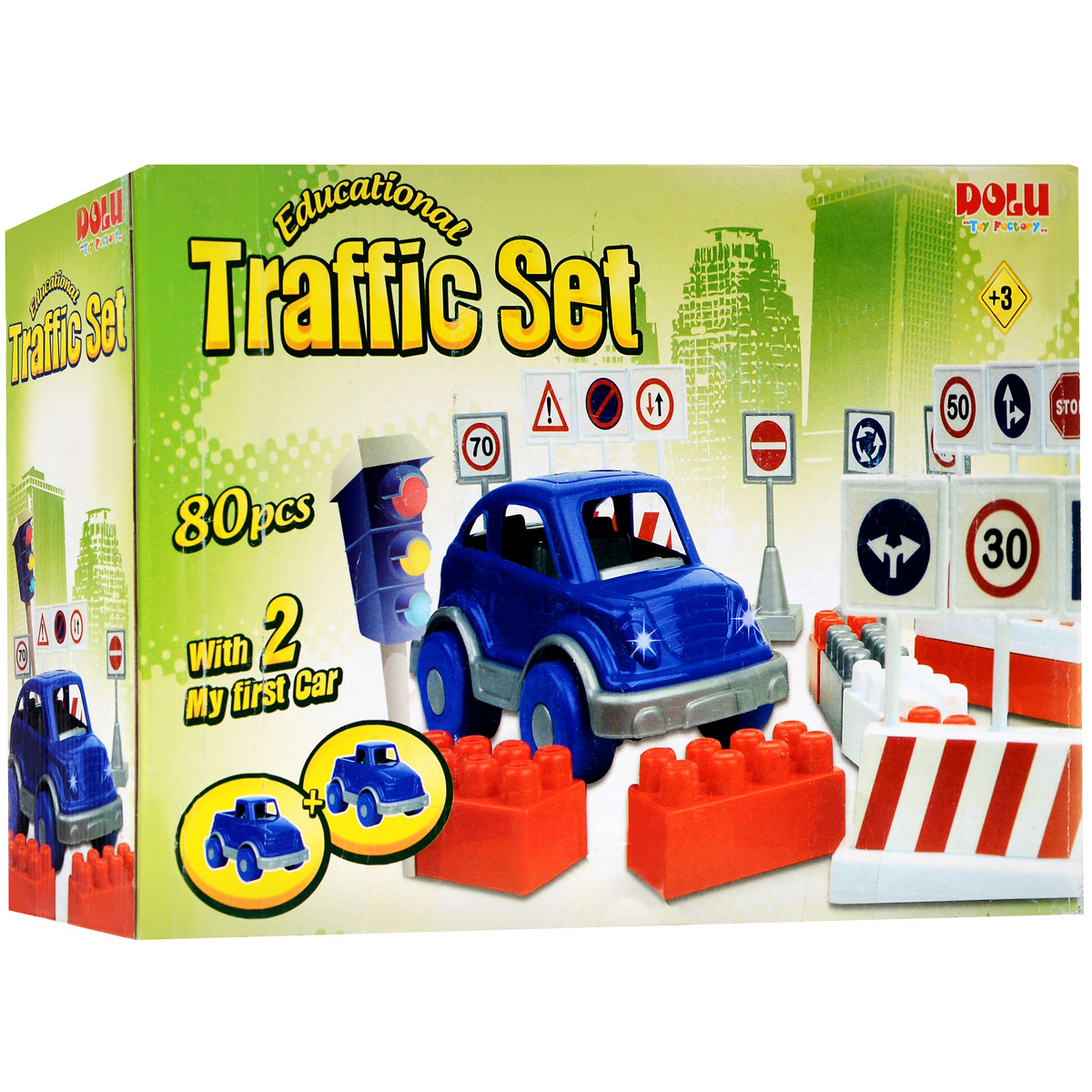 Dolu Конструктор Traffic Set обучающий5038 Dolu Конструктор Traffic Set обучающий5038Обучающий конструктор Dolu Traffic Set выполнен из высококачественного пластика и включает в себя две симпатичных машинки-пикапа, 80 элементов и наклейки с изображением различных дорожных знаков. Используя такой большой и красочный набор, ребенок быстрее освоит правила дорожного движения, ведь с наглядными пособиями это сделать гораздо проще. Машинки выполнены в ярких цветах, привлекающих внимание ребенка, колеса из пластика легко крутятся. Из разнообразных блоков можно выстроить интересный путь с препятствиями для автомобиля и, следуя игровому сценарию, преодолевать все эти сложности, согласно расставленным знакам. Играя с набором, ребенок развивает воображение, мелкую моторику рук, пространственное и логическое мышление. Рекомендуемый возраст: от 3 лет.