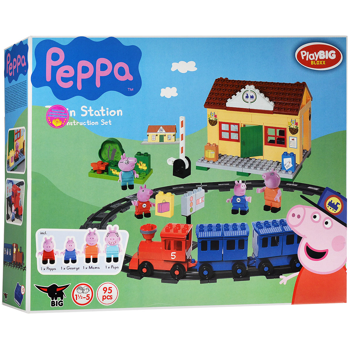 Play Big Конструктор Peppa Pig Железнодорожная станция57079 Play Big Конструктор Peppa Pig Железнодорожная станция57079Конструктор Play Big Peppa Pig. Железнодорожная станция обязательно порадует поклонников всемирно известного британского мультика Свинка Пеппа. Одна из самых ярких и интересных серий мультика про Свинку Пеппу - Поездка на поезде. А значит, игры с конструктором Железнодорожная станция станут невероятно интересными и захватывающими. Помимо деталей конструктора для строительства железной дороги и станции, в комплект вошли четыре фигурки персонажей: Свинка Пеппа, Джордж, а также папа и мама. Ребенок сможет воспроизвести увиденный мультипликационный сюжет или придумать совершенно новый, а затем устроить семейству Пеппы увлекательное путешествие. Благодаря тому, что здание железнодорожной станции представляет собой уютный домик, пассажиры смогут в комфорте подождать поезд, не замерзнут и не вымокнут под дождем. Красочный конструктор отлично развивает воображение ребенка, его логику и инженерное мышление, мелкую моторику. Набор содержит 95 деталей, в том числе...