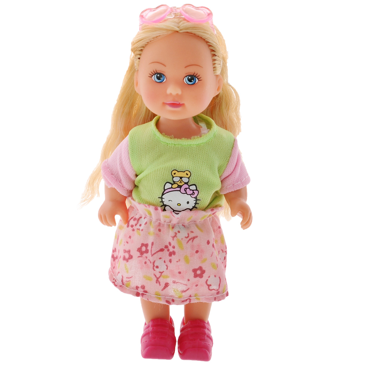 Simba Кукла Hello Kitty: Еви, цвет: салатовый, розовый5733512 Simba Кукла Hello Kitty: Еви, цвет: салатовый, розовый5733512Кукла Simba Hello Kitty: Еви порадует вашу малышку и доставит ей много удовольствия от часов, посвященных игре с ней. Кукла одета в симпатичное платье с рисунком Hello Kitty, и розовые ботиночки, а на голове ее - очки. Кукла имеет красивые светлые волосы, которые можно заплетать в различные прически. Голова, ручки и ножки куклы поворачиваются, что сделает игру с ним еще реалистичнее и интереснее. Порадуйте свою малышку таким великолепным подарком.