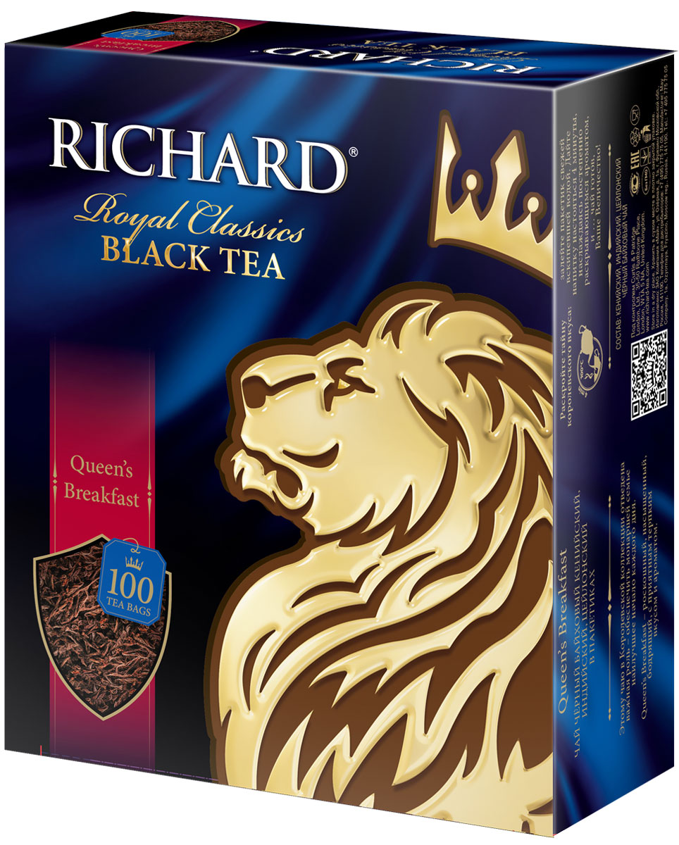 Richard Queens Breakfast черный чай в пакетиках, 100 шт610002 Richard Queens Breakfast черный чай в пакетиках, 100 шт610002Richard Queens Breakfast - черный байховый чай из различных регионов (цейлонский, индийский, кенийский) в пакетиках. Имеет приятный, терпкий и бодрящий вкус.