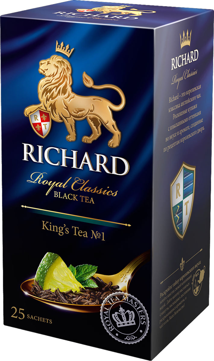 Richard Kings Tea №1 черный чай в пакетиках, 25 шт610301 Richard Kings Tea №1 черный чай в пакетиках, 25 шт610301Richard Kings Tea №1 - черный байховый чай из различных регионов (цейлонский, кенийский и танзанийский) с ароматом кафрского лайма и английской мяты. Содержит также цедру цитрусовых фруктов.