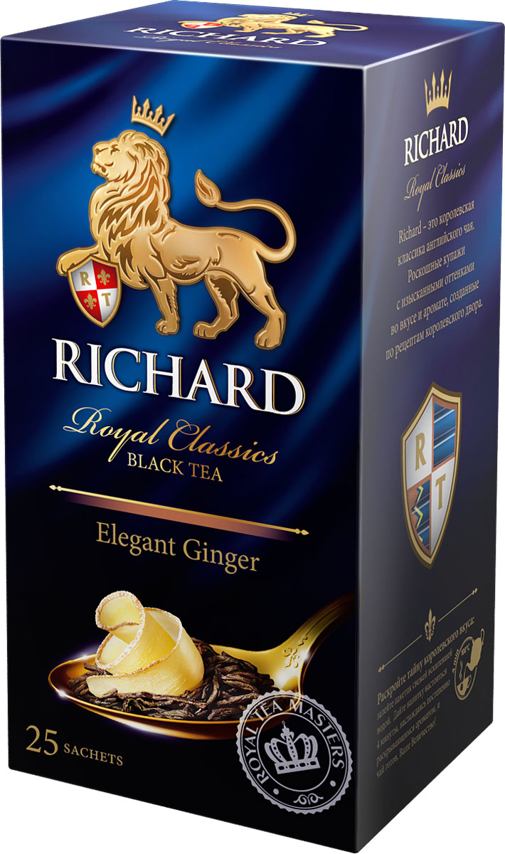 Richard Elegant Ginger черный чай в пакетиках, 25 шт610501 Richard Elegant Ginger черный чай в пакетиках, 25 шт610501Richard Elegant Ginger - черный байховый индийский чай в пакетиках с ароматом восточных пряностей, апельсина, и имбиря.