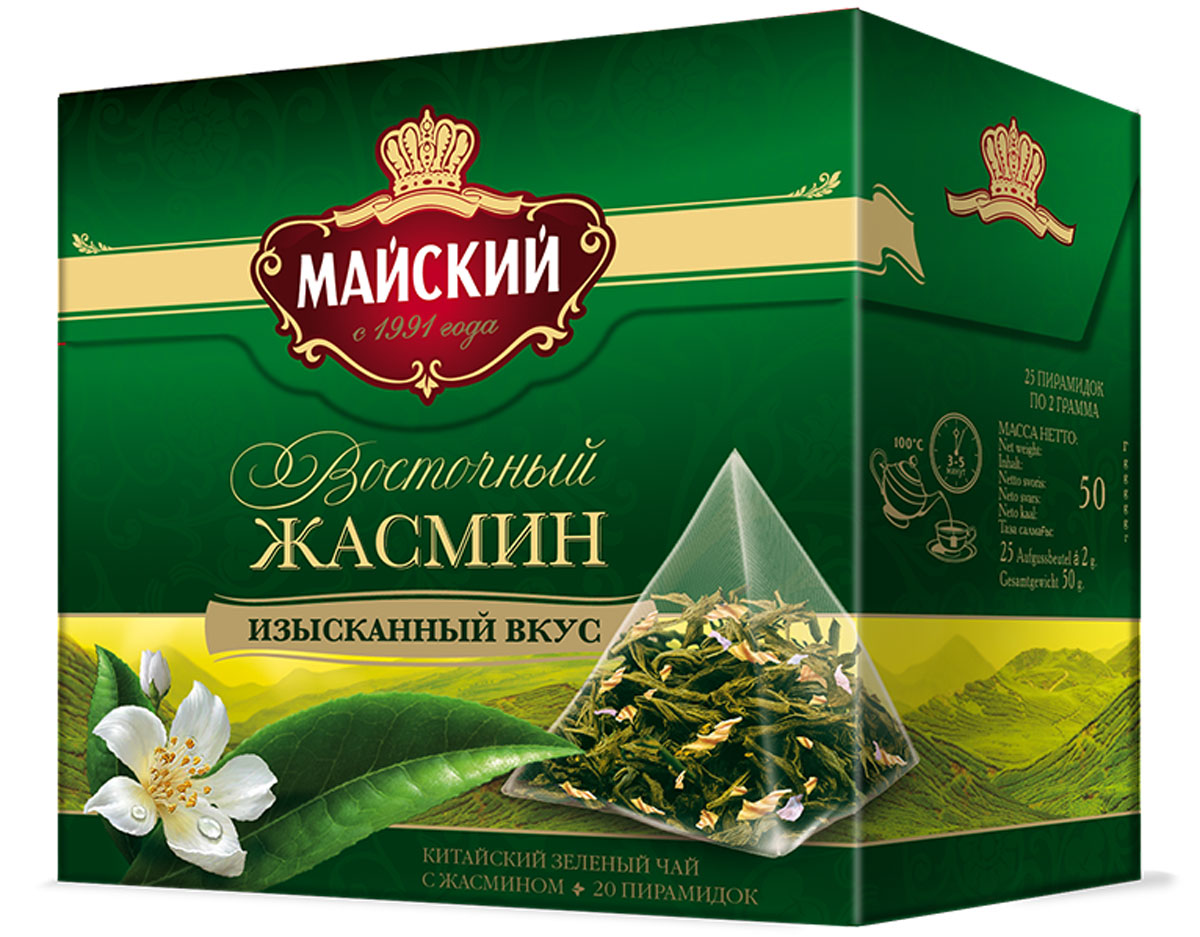 Майский Зеленый Восточный Жасмин зеленый чай в пирамидках, 20 шт116201 Майский Зеленый Восточный Жасмин зеленый чай в пирамидках, 20 шт116201Майский Зеленый Восточный Жасмин - идеальное сочетание нежного аромата цветов жасмина и освежающего вкуса крупнолистового зеленого чая в пирамидках.