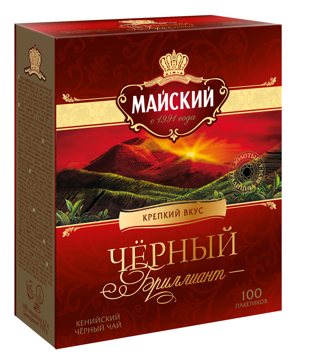 Майский Черный Бриллиант черный чай в пакетиках, 100 шт100992 Майский Черный Бриллиант черный чай в пакетиках, 100 шт100992Майский Черный Бриллиант - оригинальный купаж кенийского черного чая обладает насыщенным вкусом с легкими ореховыми нотками.